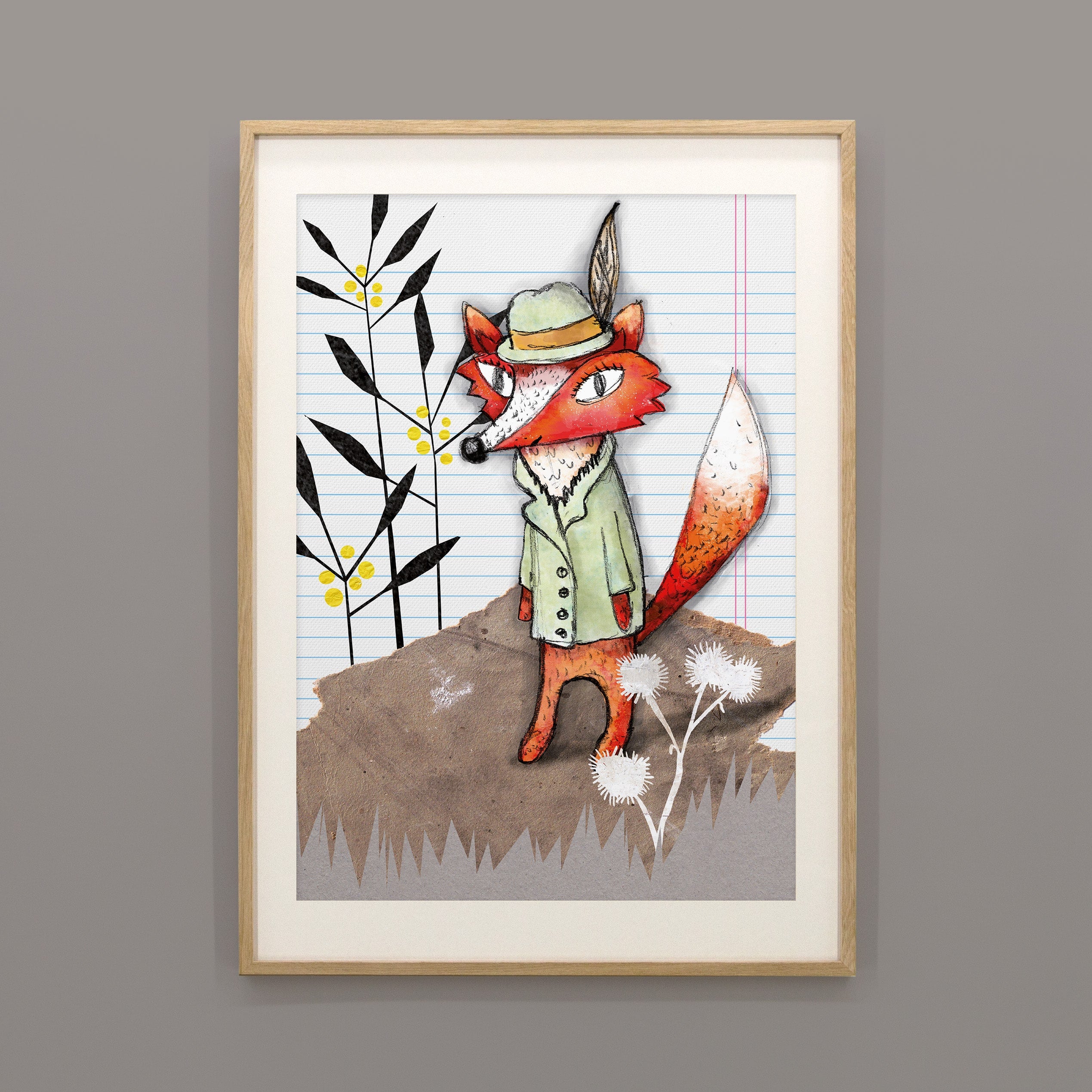 Kinderposter Felipa Fuchs im Holzrahmen, handgemaltes Wandbild fürs Kinderzimmer