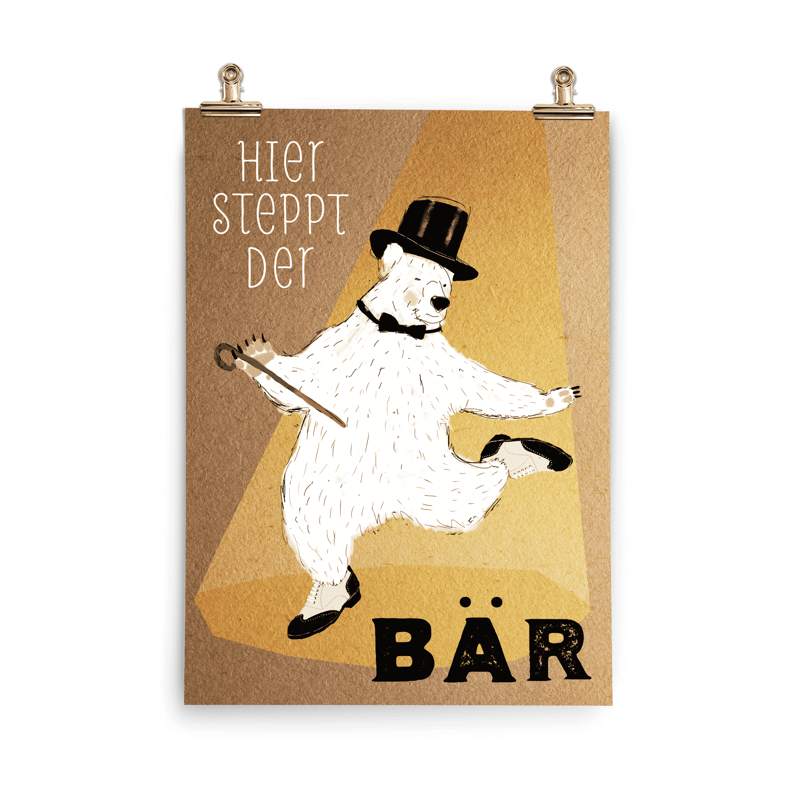 Kinderposter Steppender Bär – Bär mit schwarzem Zylinder, Fliege, Tanzschuhen und Spazierstock, handgemalt