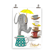 Kinderposter Elefant im Porzellanladen – kein Trampel, sondern Akrobat: balanciert mit gelbem Regenschirm auf Teekanne, handgemalt