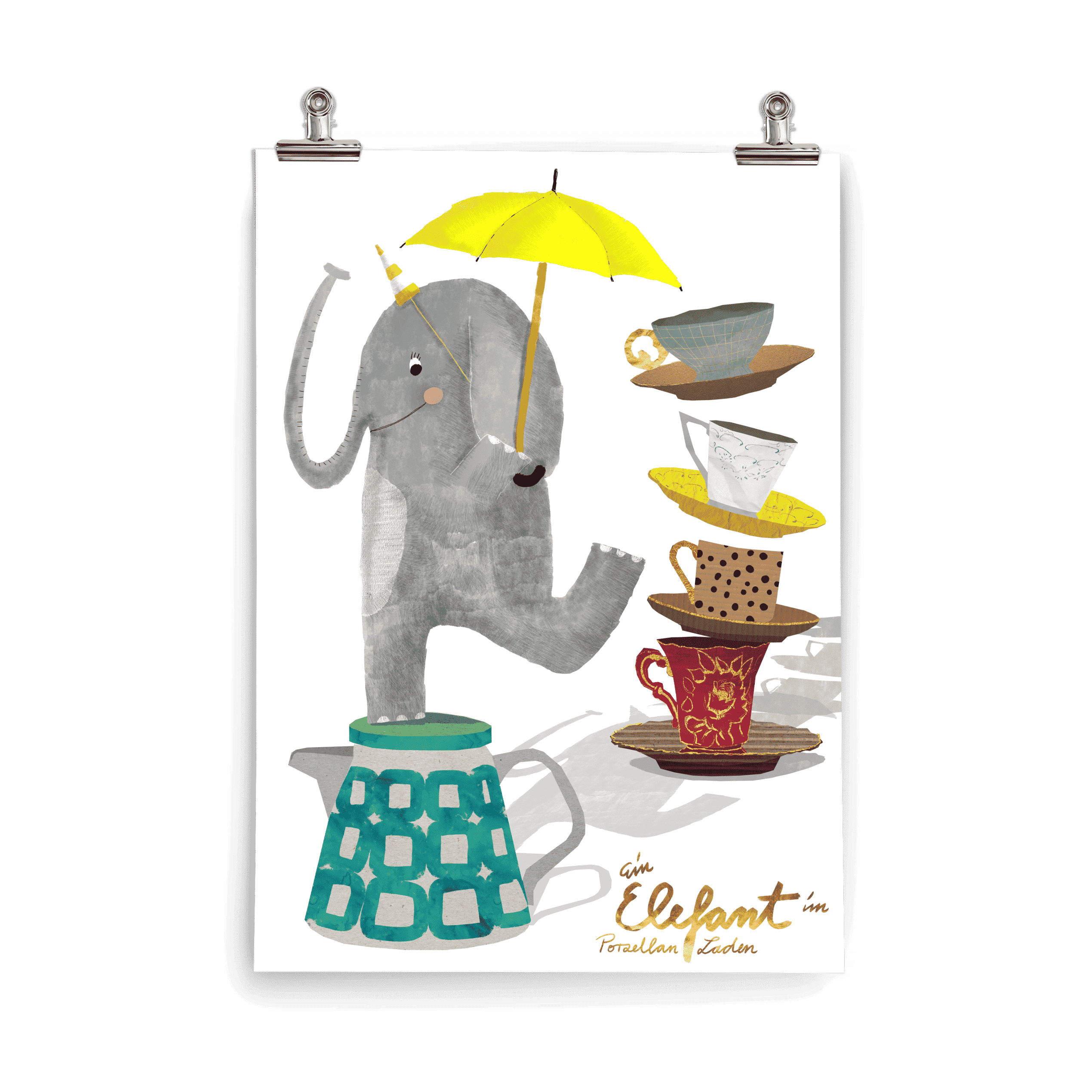 Kinderposter Elefant im Porzellanladen – kein Trampel, sondern Akrobat: balanciert mit gelbem Regenschirm auf Teekanne, handgemalt