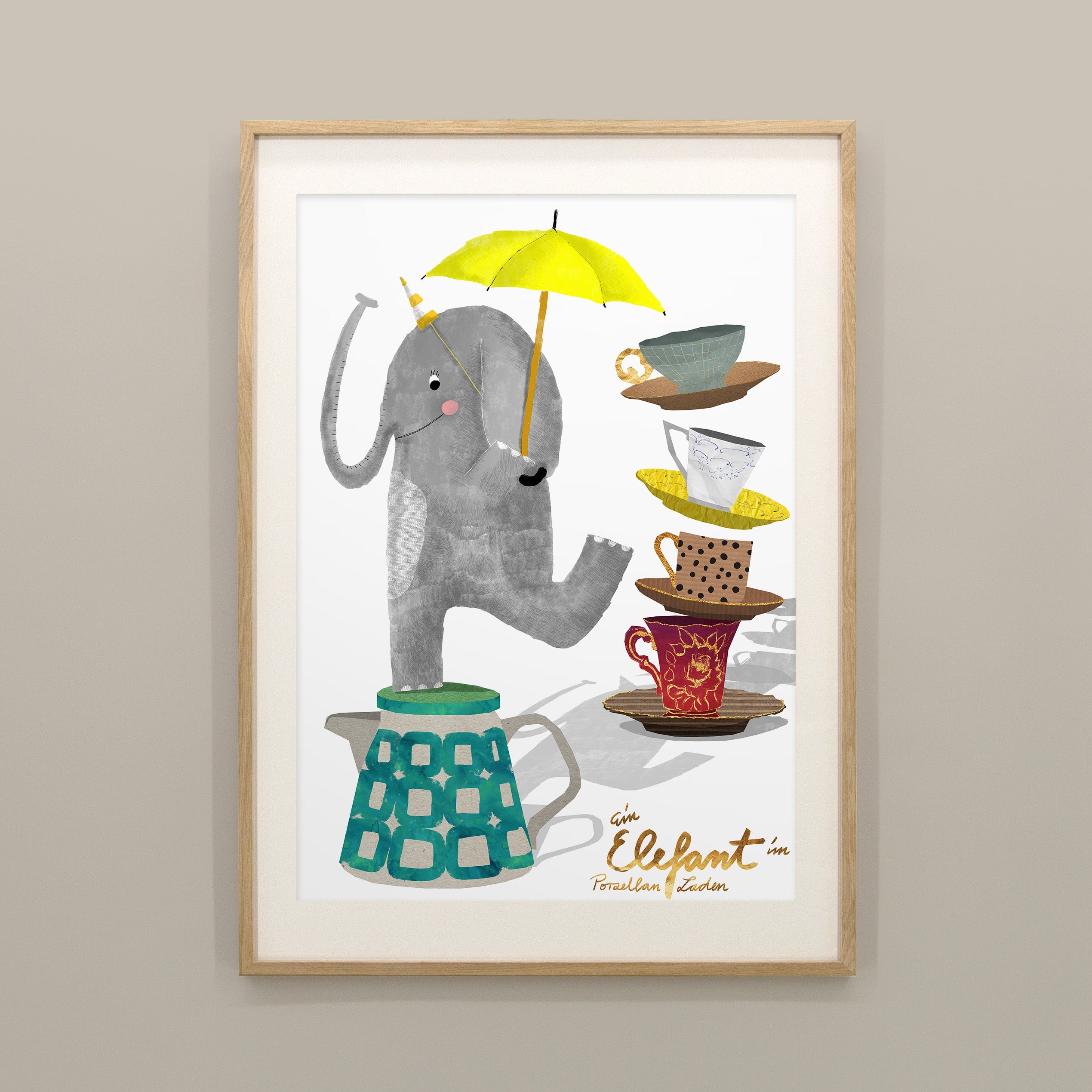 Kinderposter Elefant im Porzellanladen im Holzrahmen, handgemaltes Wandbild fürs Kinderzimmer
