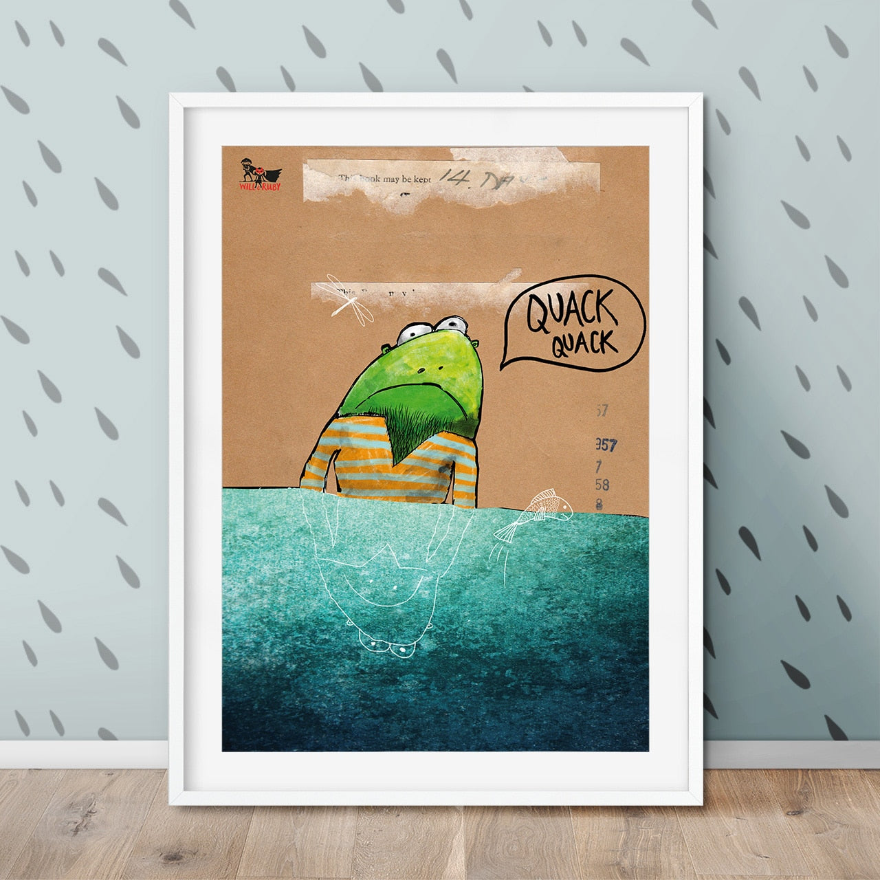 Frosch Poster Kinderzimmer – handgemaltes Wandbild mit Frodo im Ringelpulli, nachhaltig auf Naturpapier