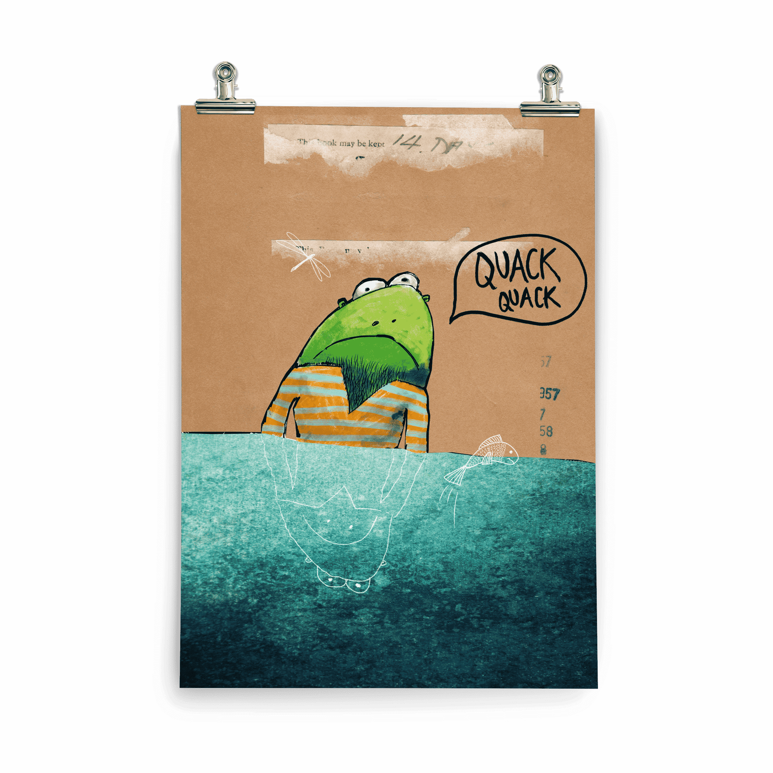 Kinderposter Frodo Frosch – Frosch im Ringelpulli sitzt im Teich, mit Libelle und Fisch, handgemalt
