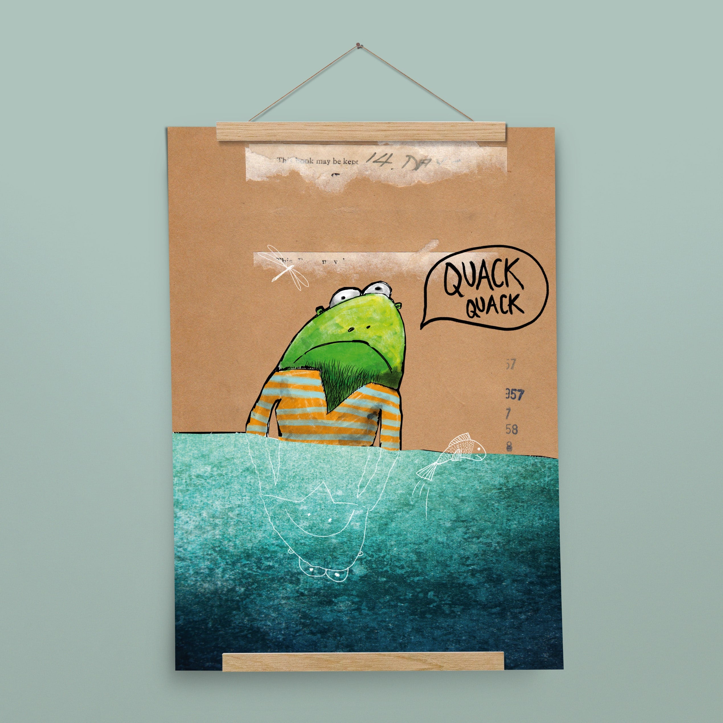 Kinderposter Frodo Frosch mit Posterleiste aus Eichenholz, handgemalt auf Naturpapier