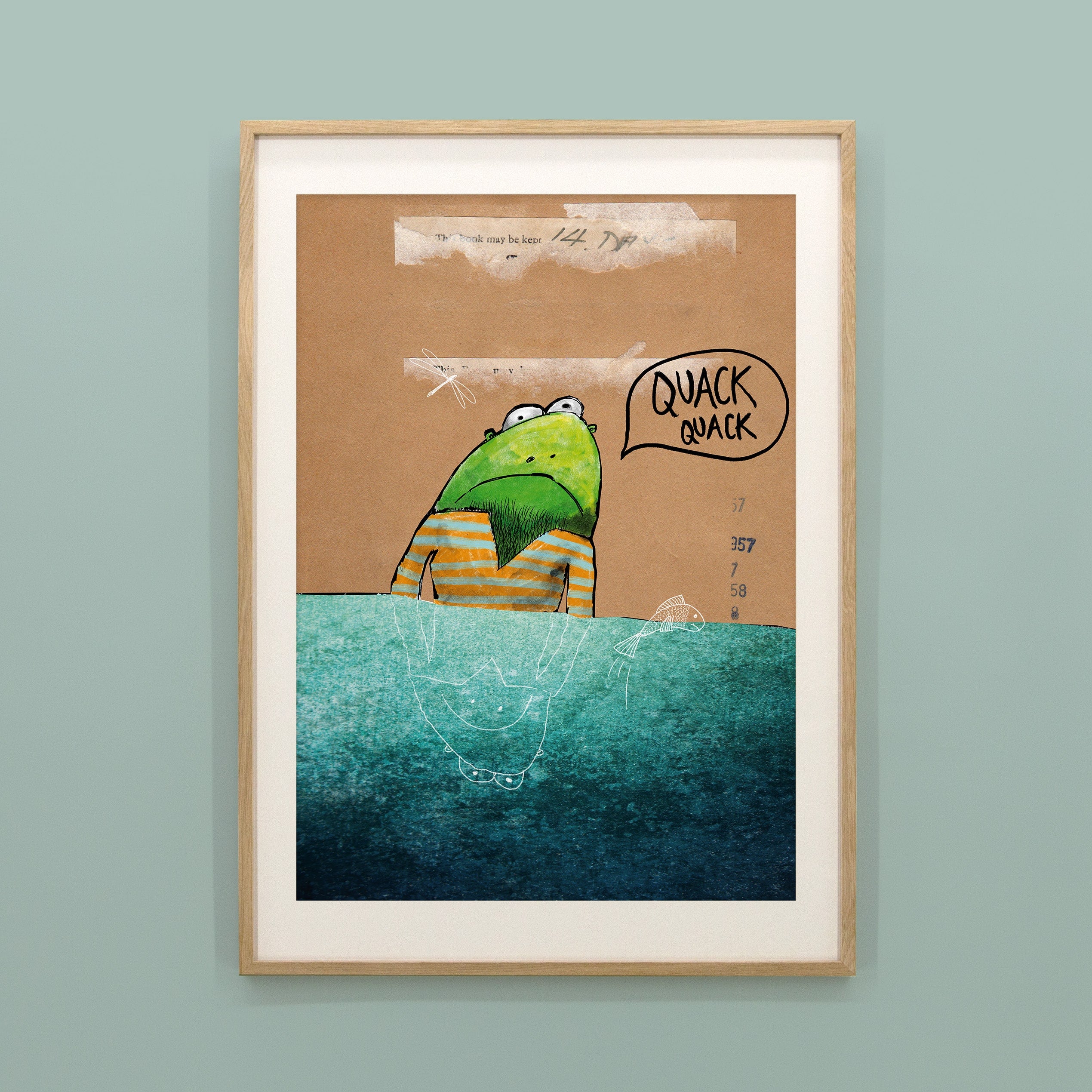 Kinderposter Frodo Frosch im Holzrahmen, handgemaltes Wandbild fürs Kinderzimmer