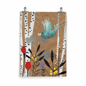 Kinderposter Veronika Vogel – türkiser Vogel mit Liebesbrief im Schnabel im Birkenwald, handgemalt
