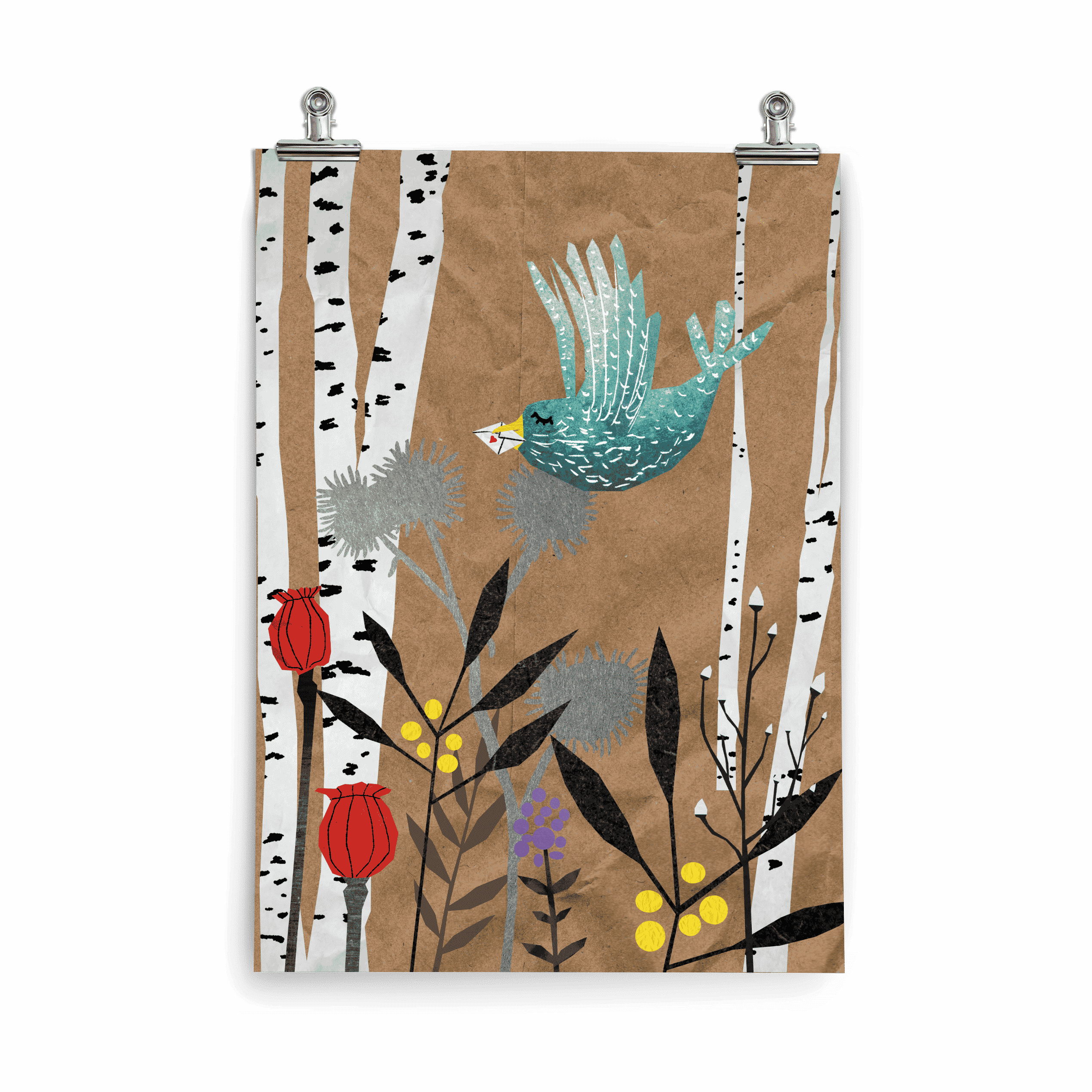 Kinderposter Veronika Vogel – türkiser Vogel mit Liebesbrief im Schnabel im Birkenwald, handgemalt