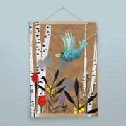 Kinderposter Veronika Vogel mit Posterleiste aus Eichenholz, handgemalt auf Naturpapier