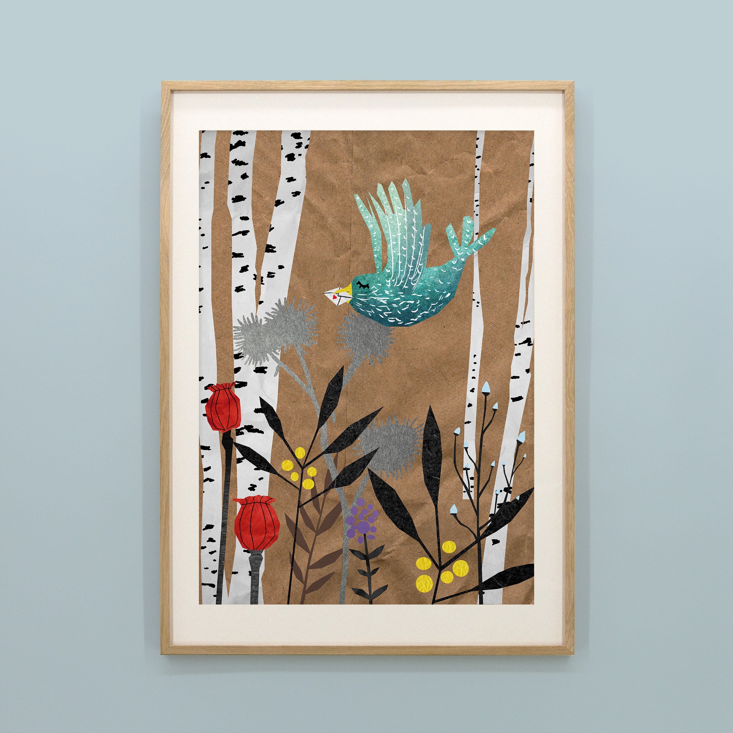 Kinderposter Veronika Vogel im Holzrahmen, handgemaltes Wandbild fürs Kinderzimmer