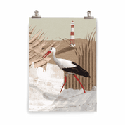 Kinderposter Steffi Storch – Storch in Küstenlandschaft mit rot-weißem Leuchtturm, handgemalt