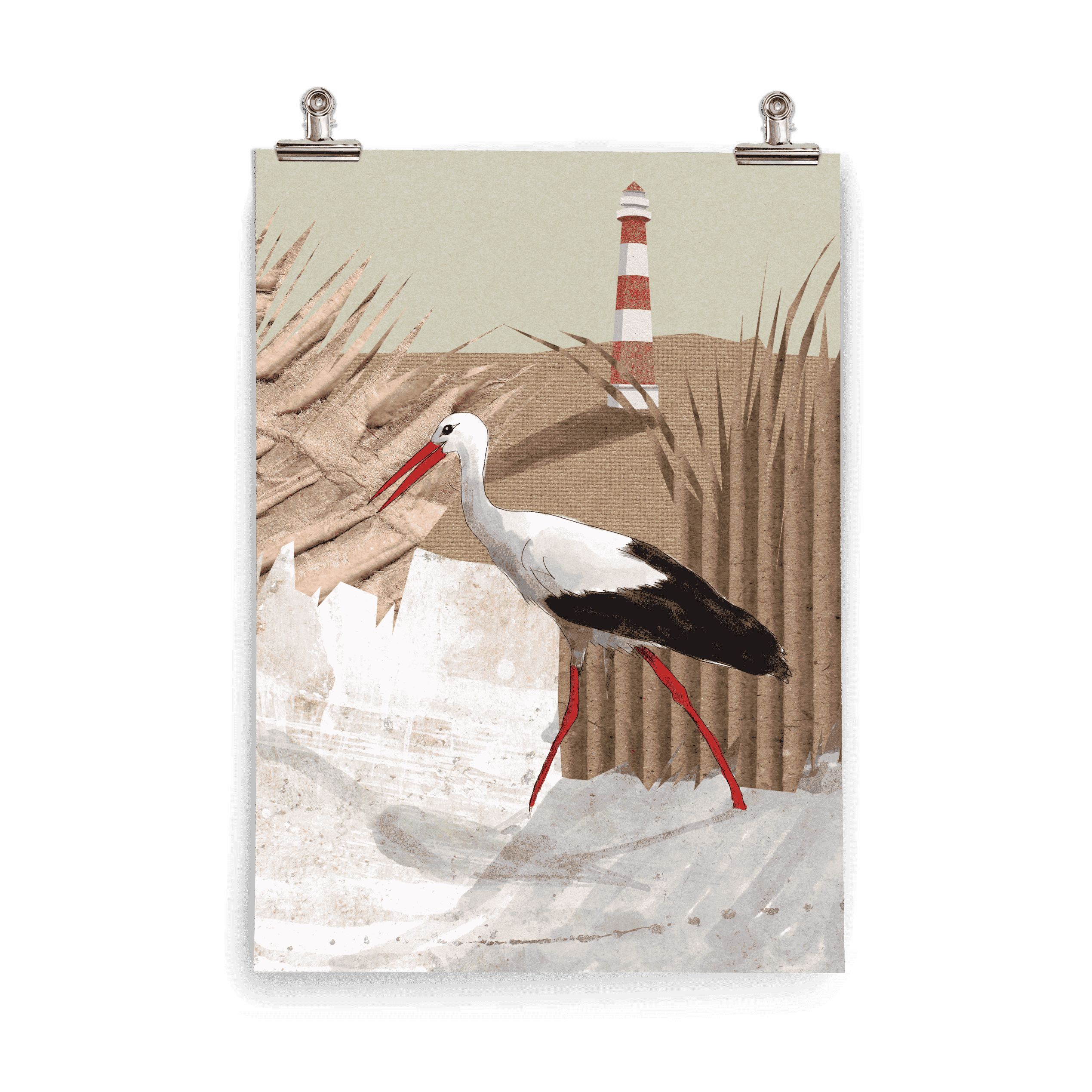Kinderposter Steffi Storch – Storch in Küstenlandschaft mit rot-weißem Leuchtturm, handgemalt