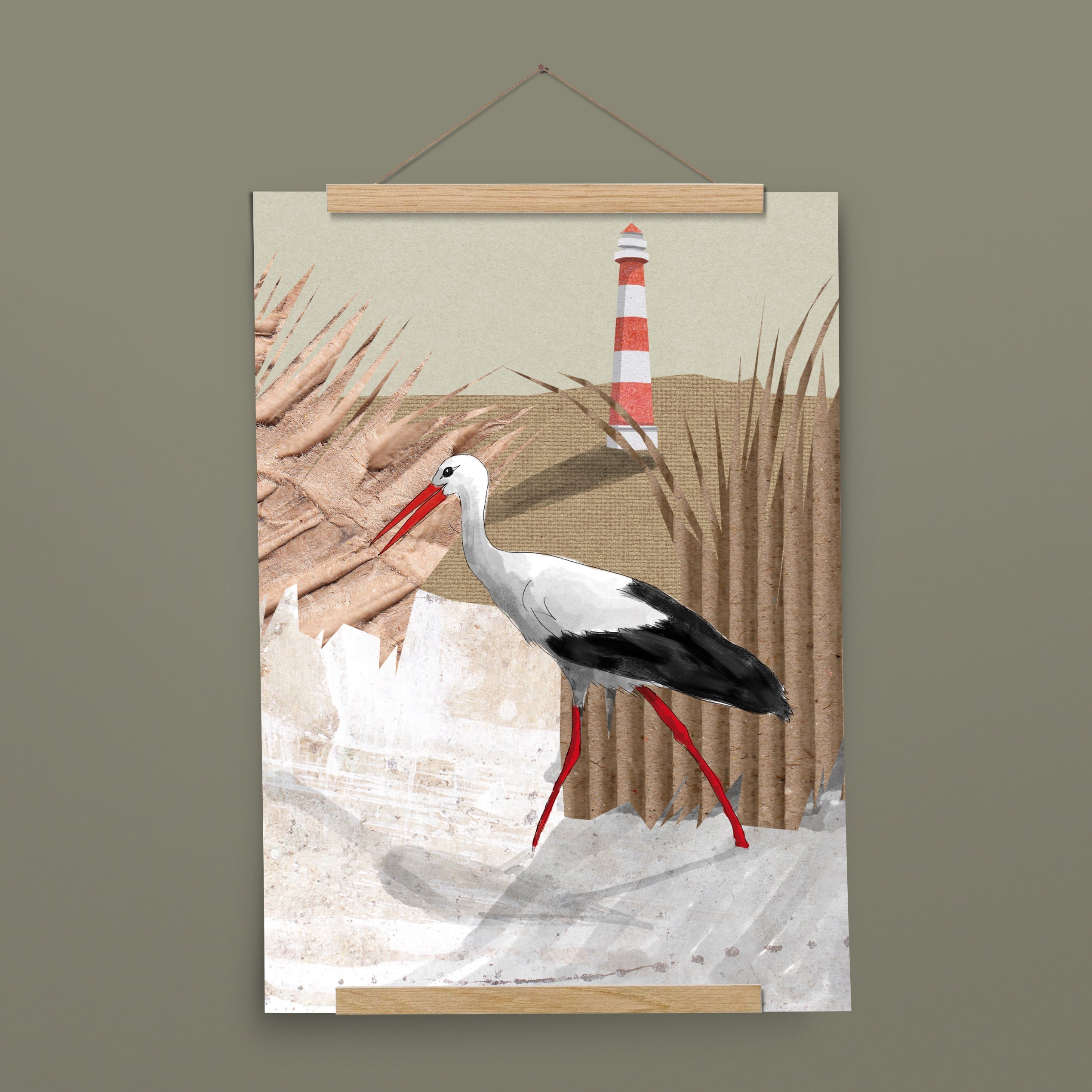 Kinderposter Steffi Storch mit Posterleiste aus Eichenholz, handgemalt auf Naturpapier