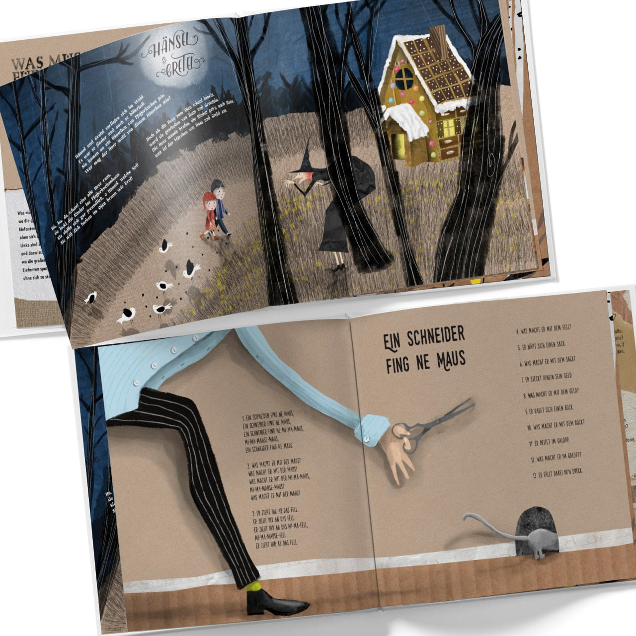 Liederbuch für Kinder – Innenseiten "Hänsel & Gretel" und "Ein Schneider fing ne Maus", handgemalt
