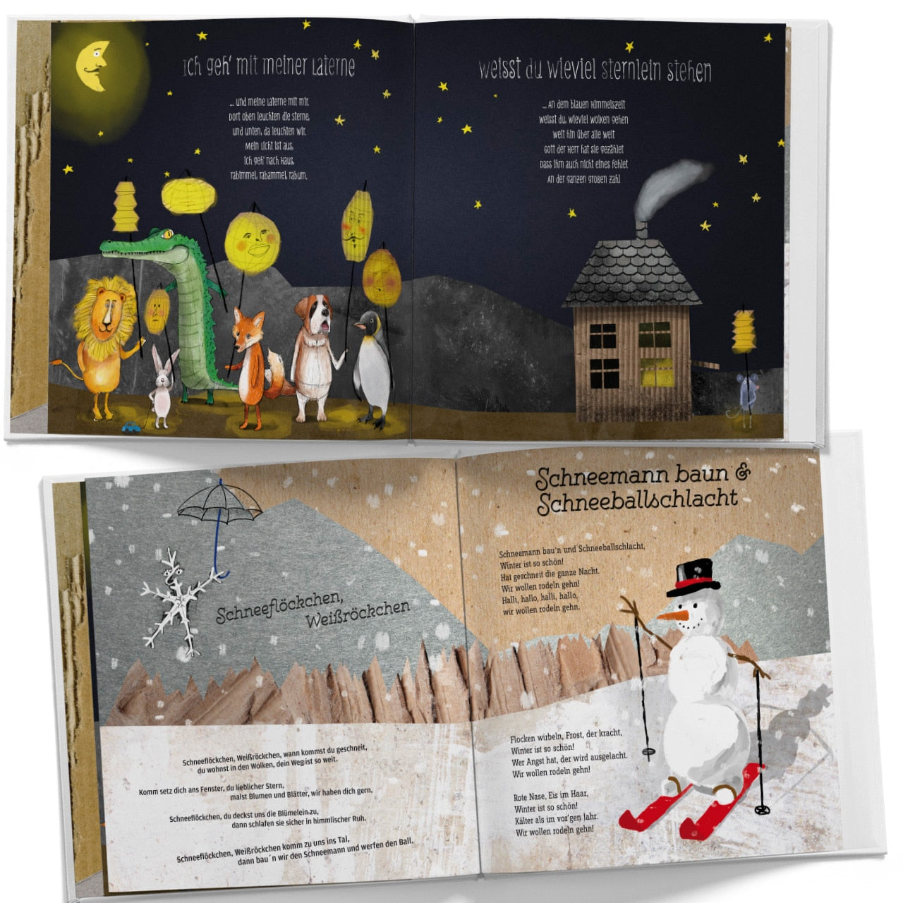Kinderliederbuch – Innenseiten "Ich geh mit meiner Laterne", "Sternlein stehen" und "Schneeflöckchen", handgemalt