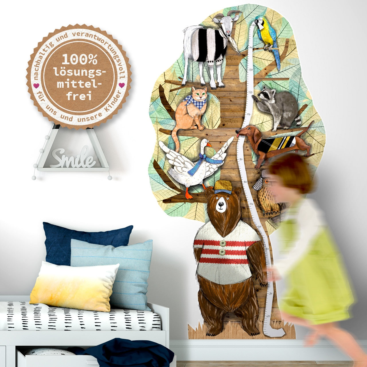 Kindermesslatte Tier-Motiv – konturgeschnittener Wandaufkleber 80 × 150 cm aus mattem Vinyl, handgemalt