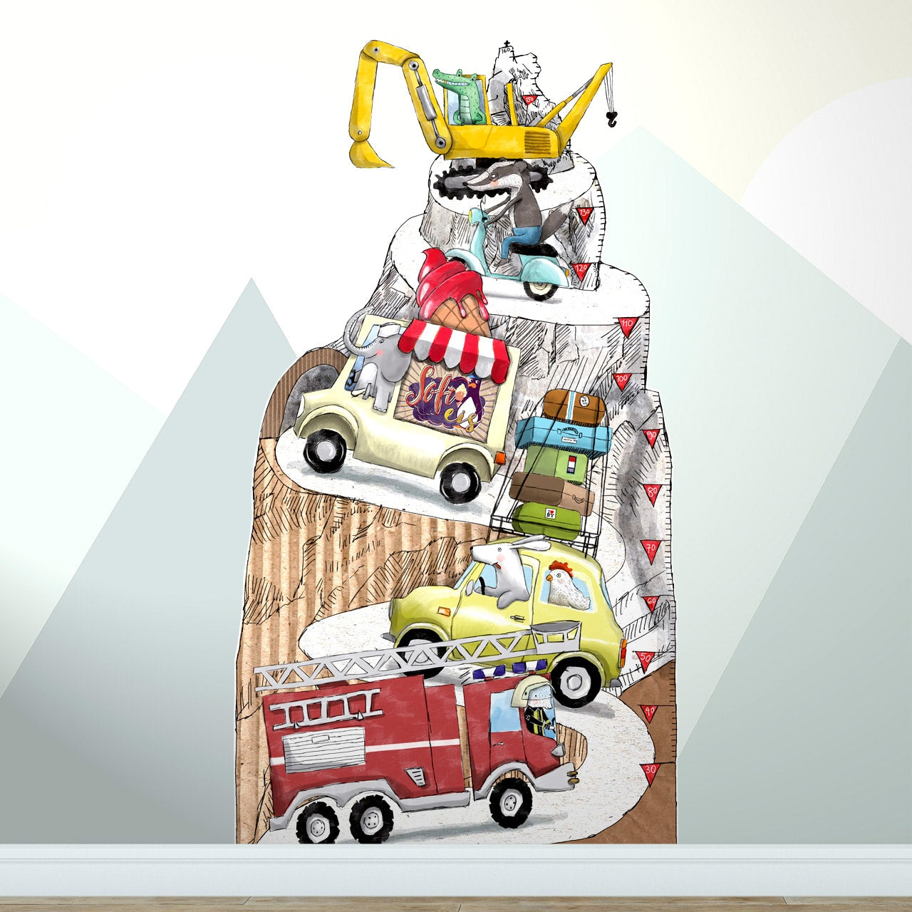 Kindermesslatte Auto-Motiv – konturgeschnittener Wandaufkleber 80 × 150 cm aus mattem Vinyl, handgemalt