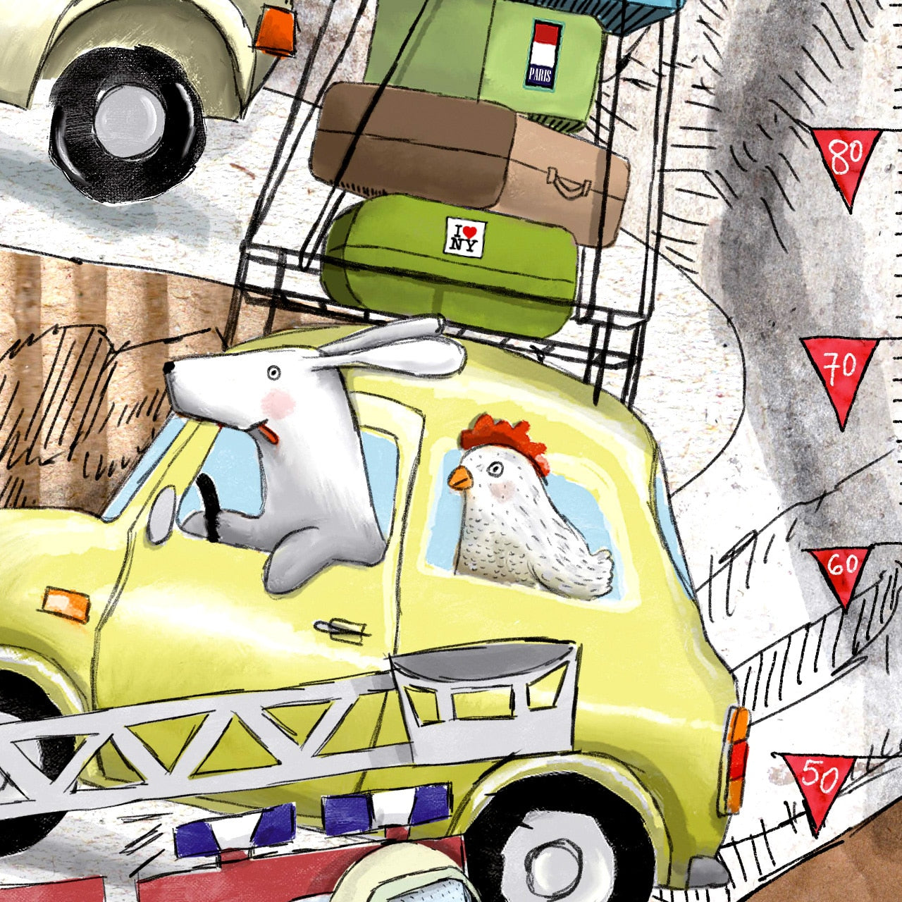 Messlatte Kinder handgemalt – Will & Ruby Tier-Charaktere im Auto-Motiv, nachhaltig produziert