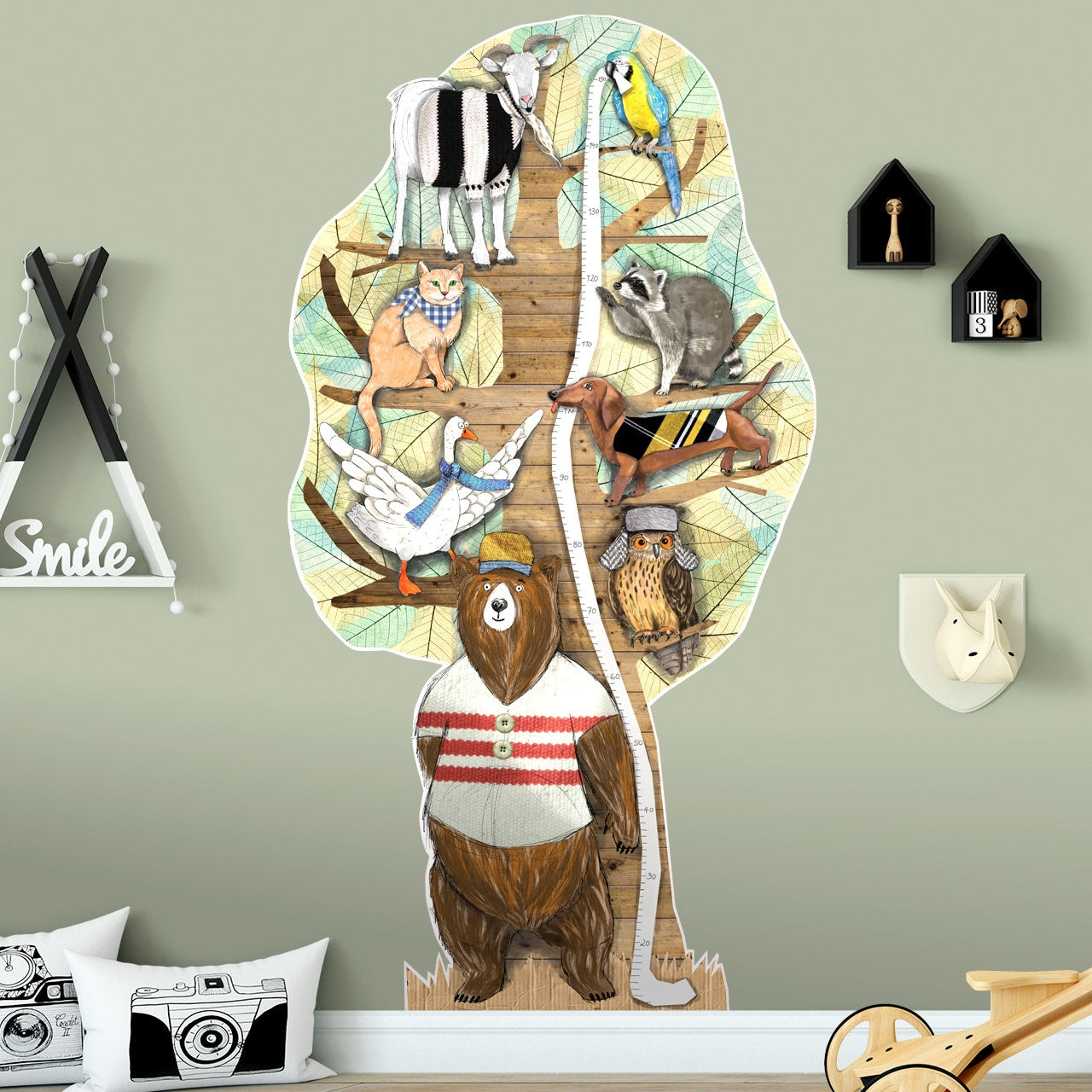 Messlatte Kinderzimmer Tiere – handgemalter Vinyl-Wandaufkleber, Messskala startet bei 10 cm