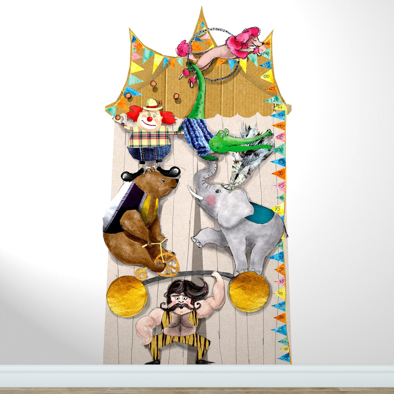 Kindermesslatte Zirkus-Motiv – konturgeschnittener Wandaufkleber 80 × 150 cm aus mattem Vinyl, handgemalt