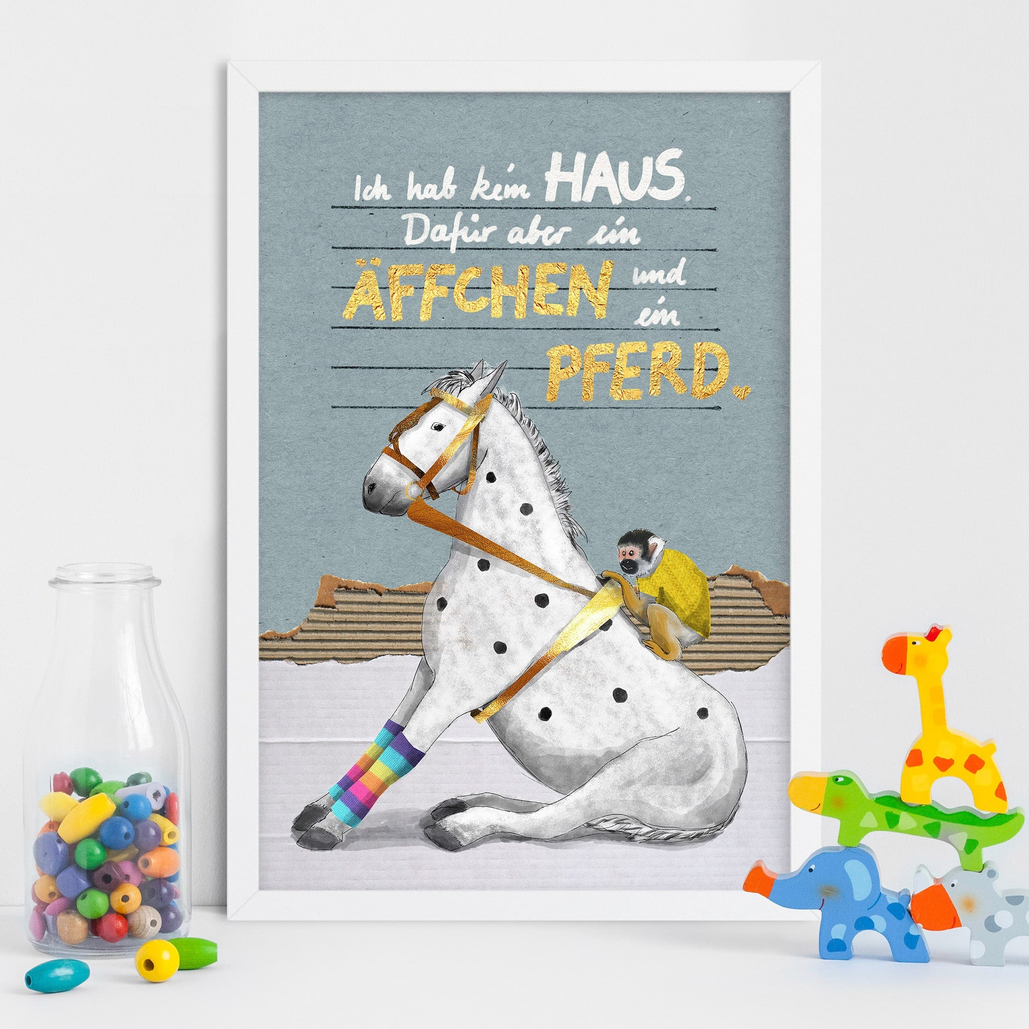 Kinderposter Pferd und Äffchen – handgemaltes Wandbild fürs Kinderzimmer, nachhaltig auf Naturpapier