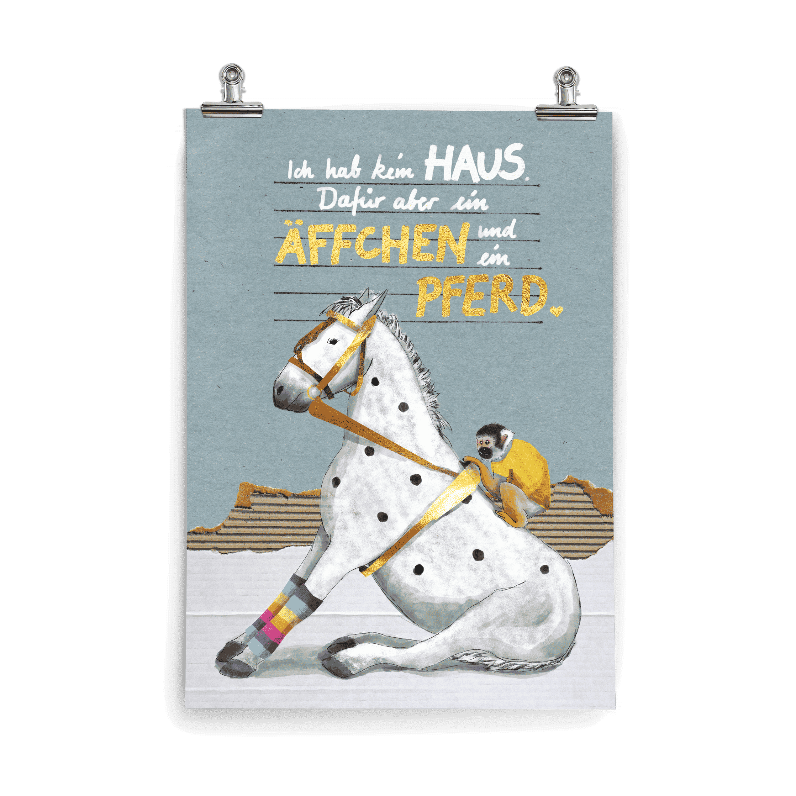 Kinderposter Äffchen und Pferd – beste Freunde, gepunktetes Pferd mit Ringelsocke und Äffchen im gelben Pulli, handgemalt
