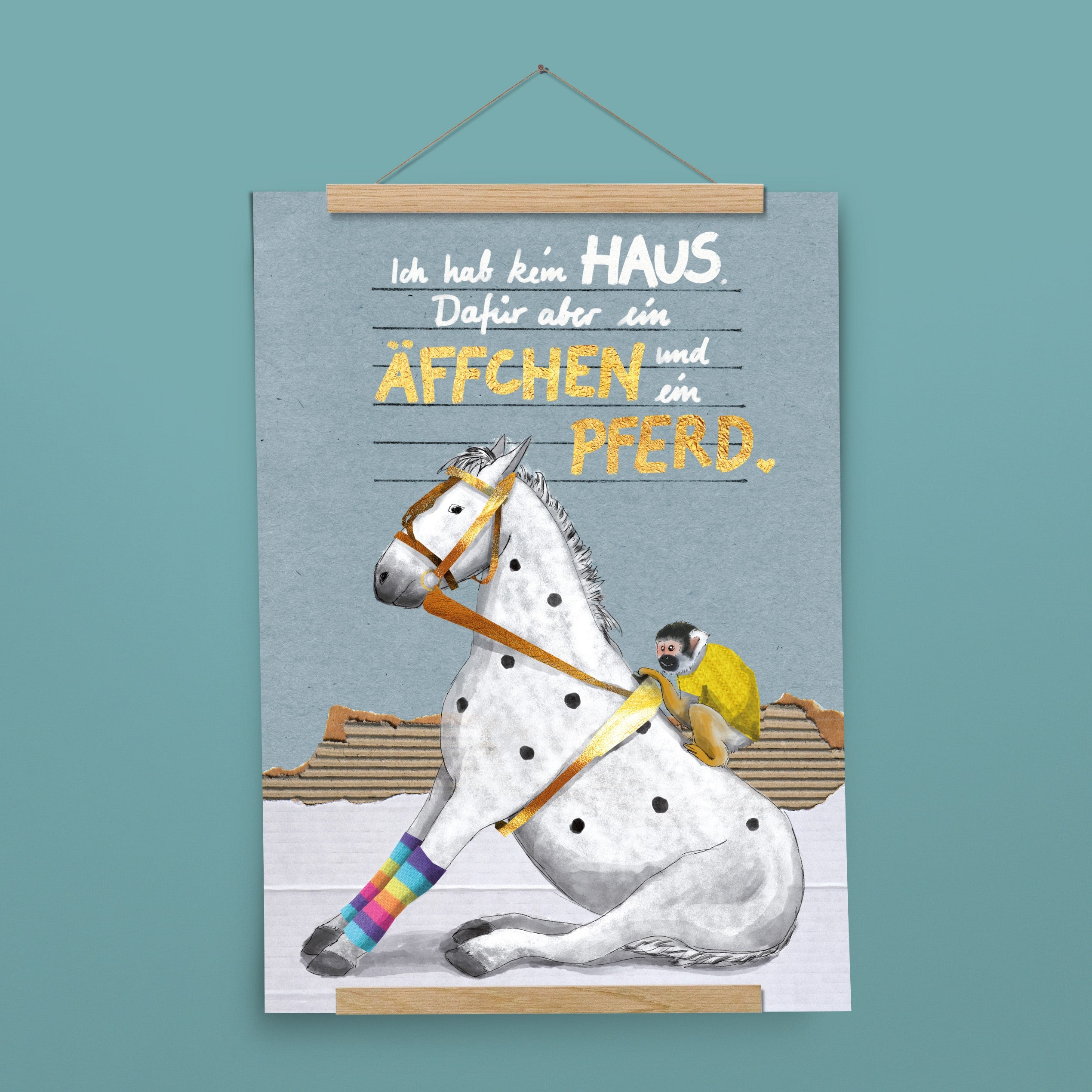 Kinderposter Äffchen und Pferd mit Posterleiste aus Eichenholz, handgemalt auf Naturpapier