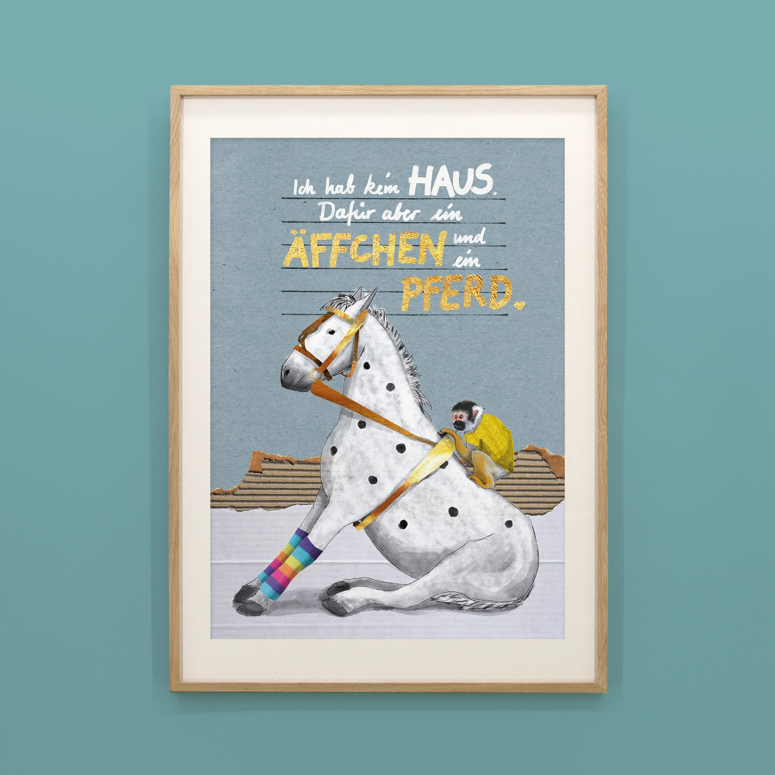 Kinderposter Äffchen und Pferd im Holzrahmen, handgemaltes Wandbild fürs Kinderzimmer