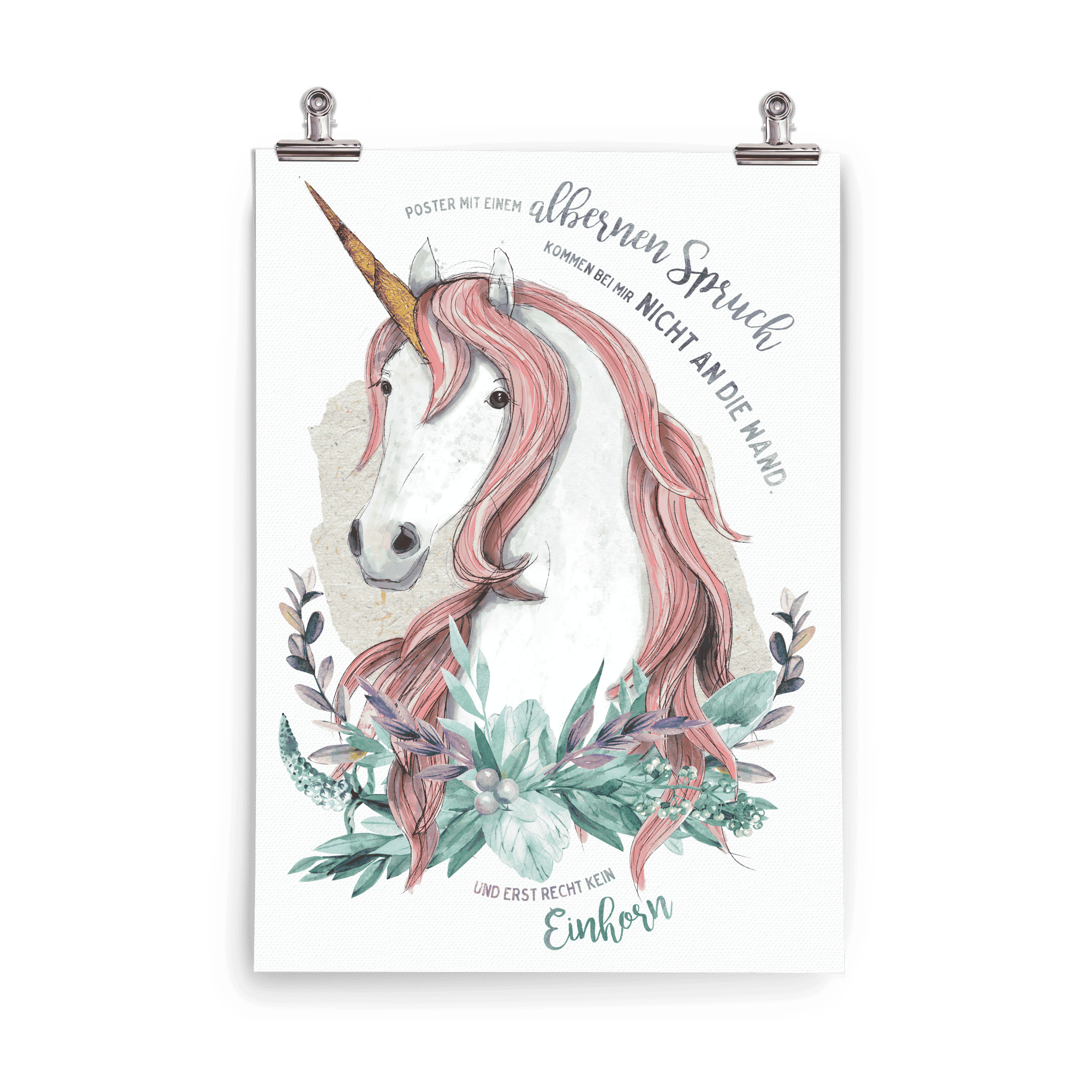 Kinderposter Eileen Einhorn – Einhorn mit rosa Mähne und goldenem Horn zwischen Blättern in Türkis und Lila, handgemalt