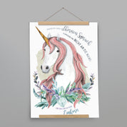 Kinderposter Eileen Einhorn mit Posterleiste aus Eichenholz, handgemalt auf Naturpapier