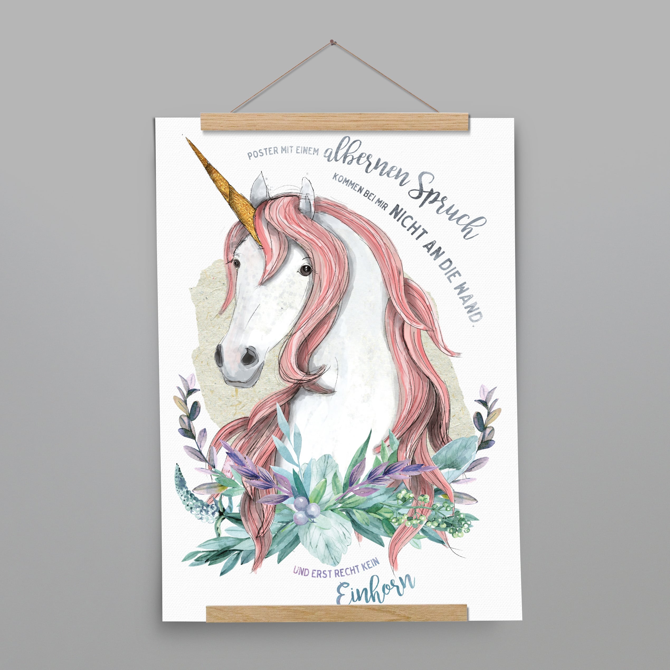 Kinderposter Eileen Einhorn mit Posterleiste aus Eichenholz, handgemalt auf Naturpapier