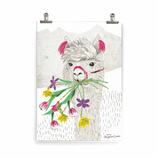 Kinderposter Lara Lama – Lama vor Bergen aus Papierschnipseln, mit bunten Blumen, handgemalt
