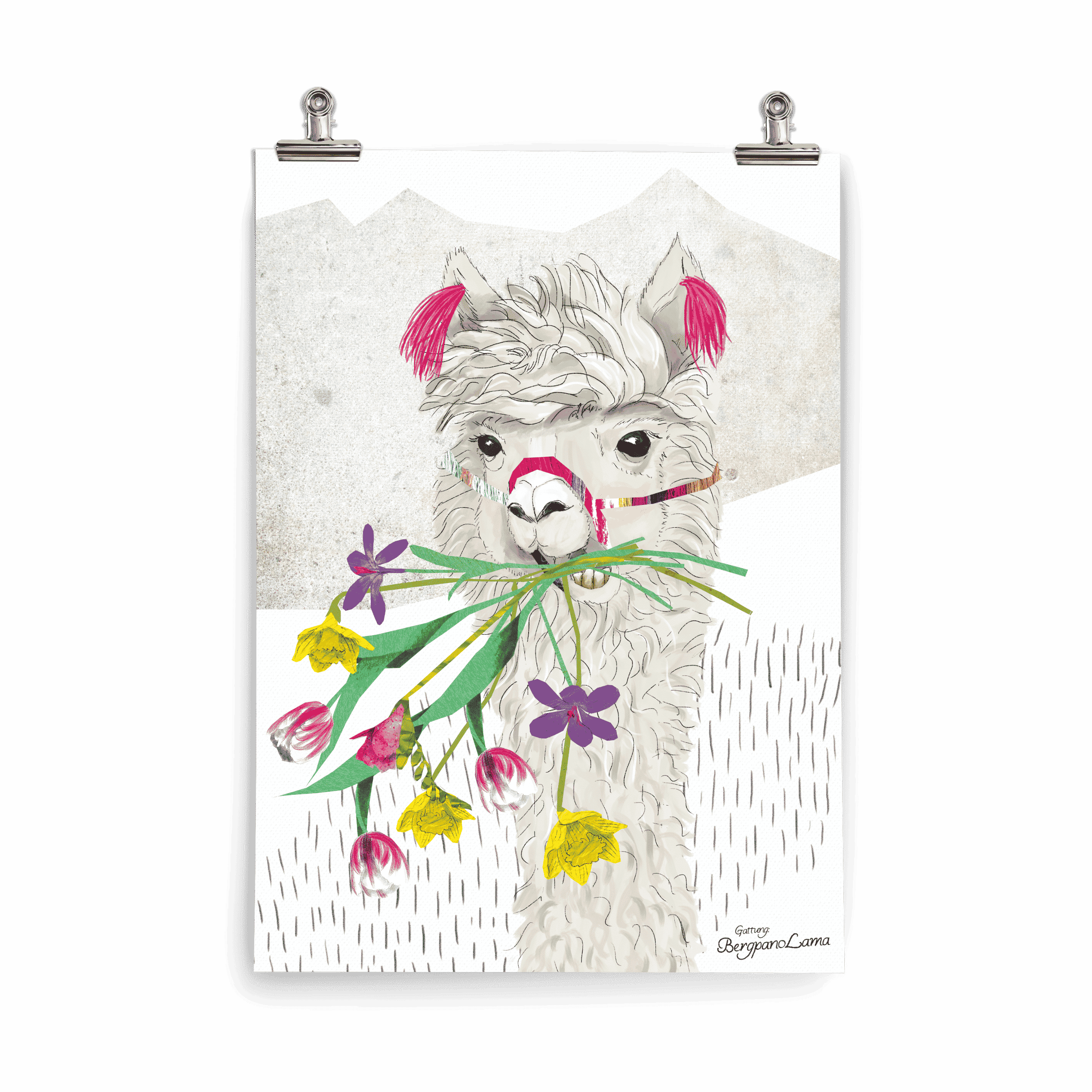 Kinderposter Lara Lama – Lama vor Bergen aus Papierschnipseln, mit bunten Blumen, handgemalt