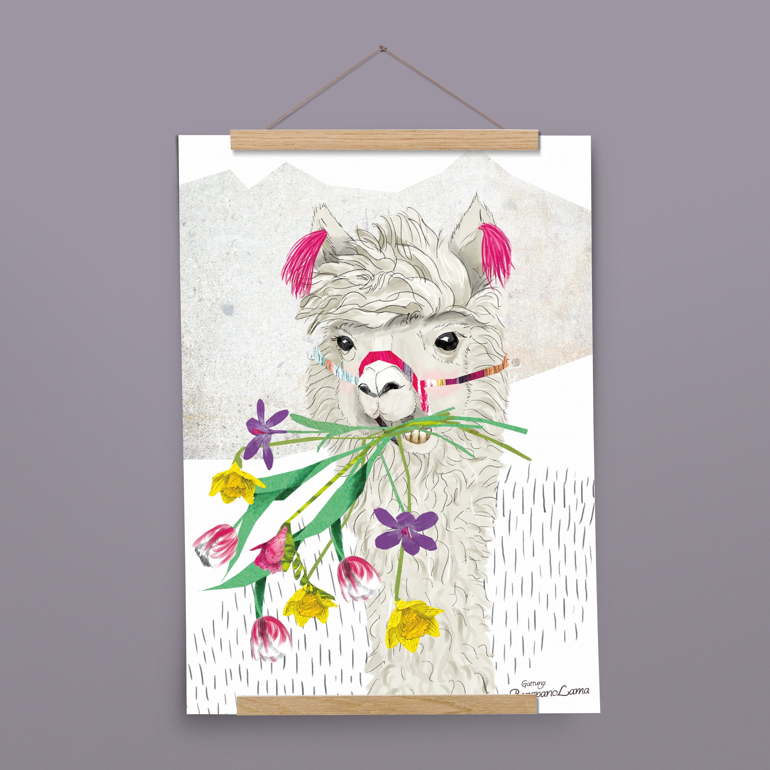 Kinderposter Lara Lama mit Posterleiste aus Eichenholz, handgemalt auf Naturpapier