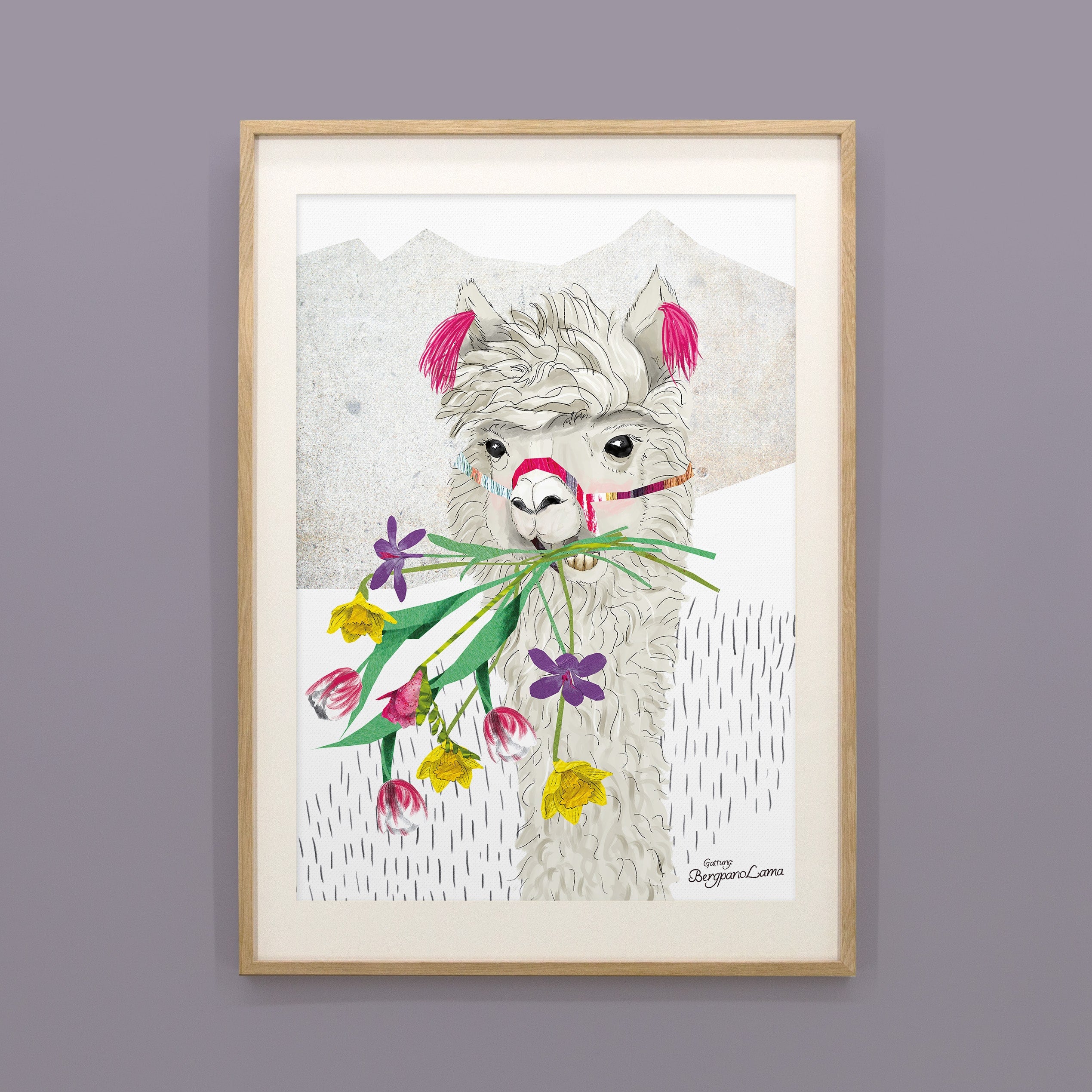 Kinderposter Lara Lama im Holzrahmen, handgemaltes Wandbild fürs Kinderzimmer