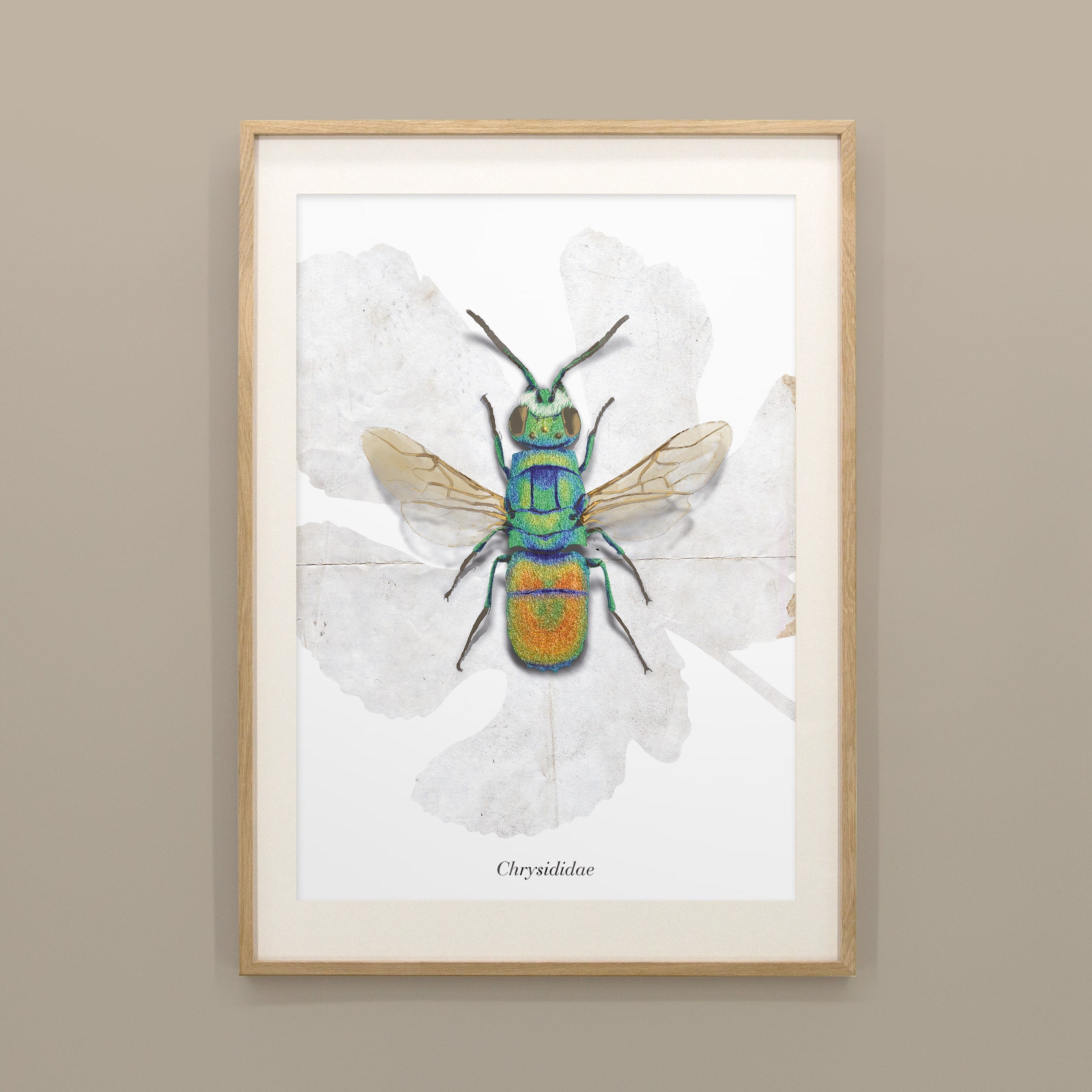 Insektenposter Goldwespe im Holzrahmen, handgemaltes Wandbild fürs Kinderzimmer