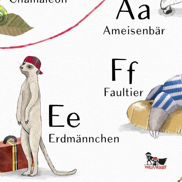 ABC-Poster mit Tieren – Detailansicht der handgemalten Tier-Buchstaben