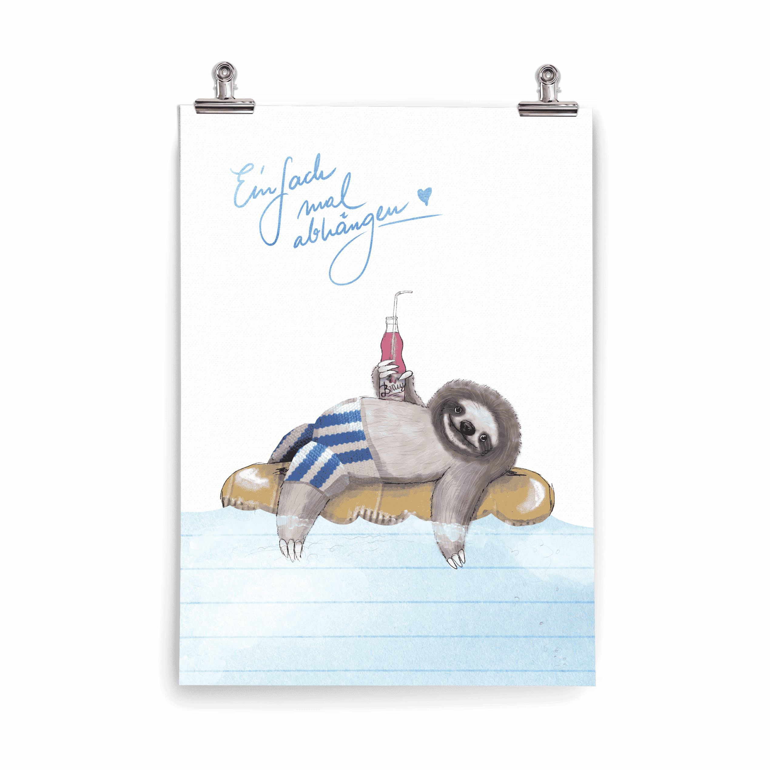 Kinderposter Fabio Faultier – Faultier im blau-weiß gestreiften Pulli auf goldenem Schwimmreifen mit Brause, handgemalt