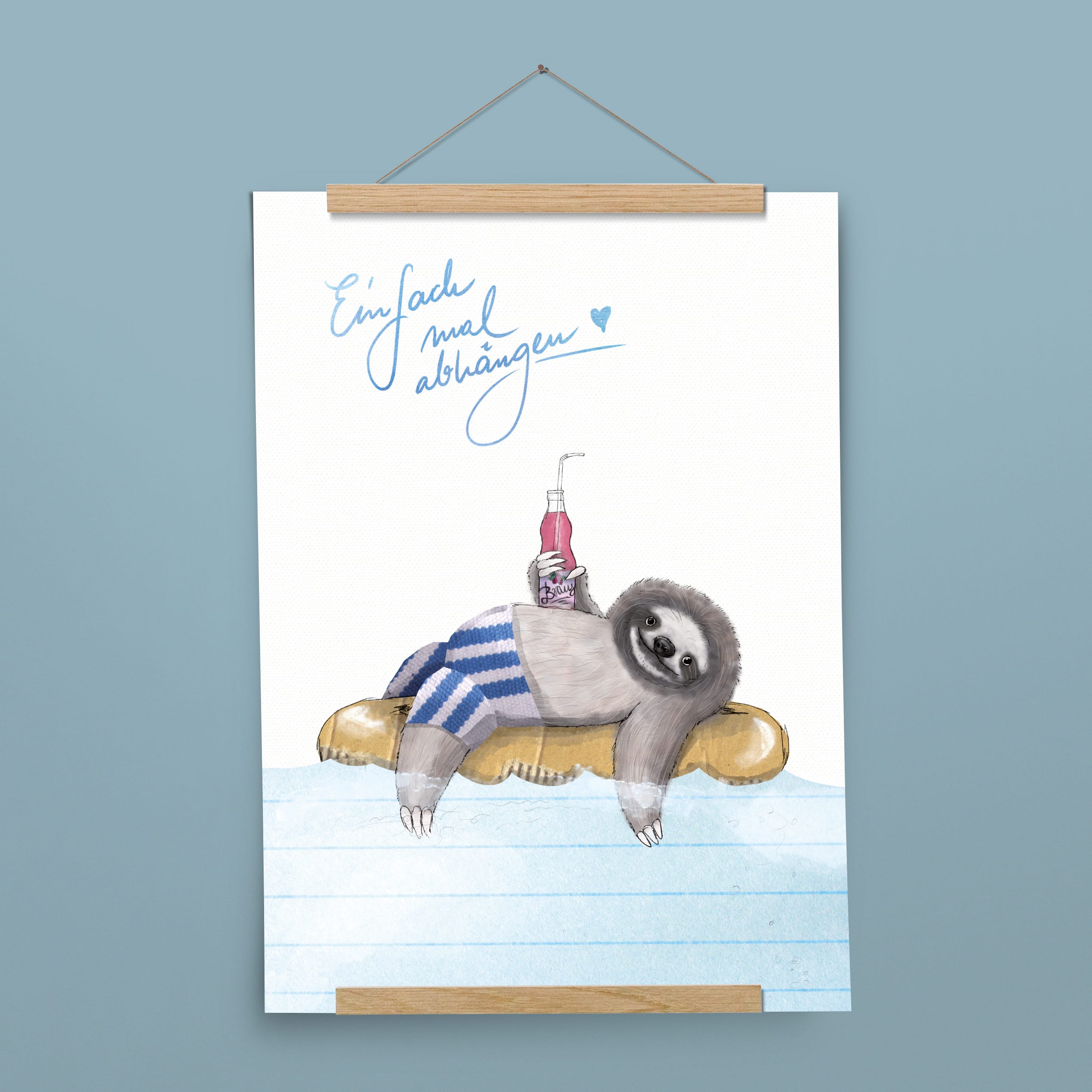 Kinderposter Fabio Faultier mit Posterleiste aus Eichenholz, handgemalt auf Naturpapier