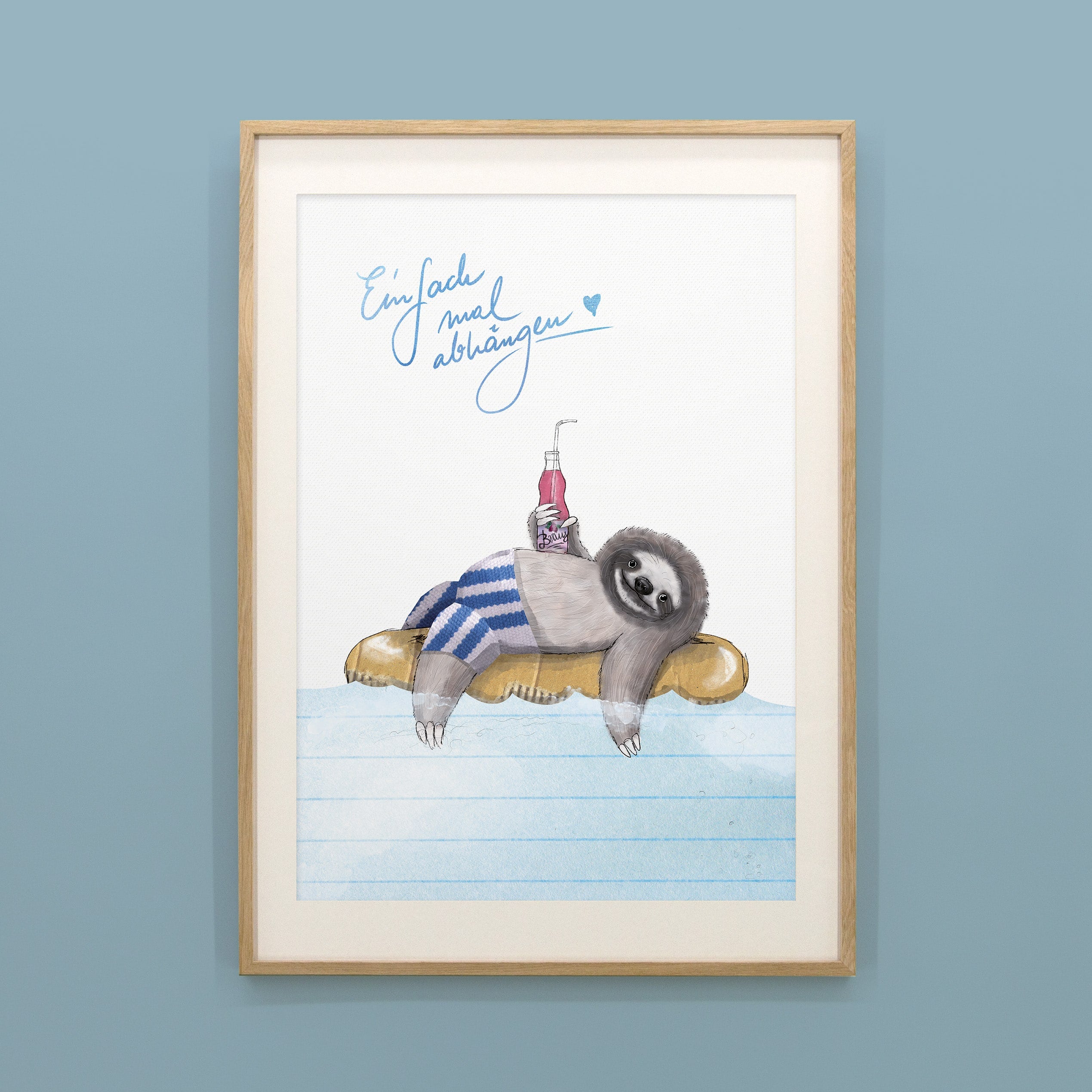 Kinderposter Fabio Faultier im Holzrahmen, handgemaltes Wandbild fürs Kinderzimmer