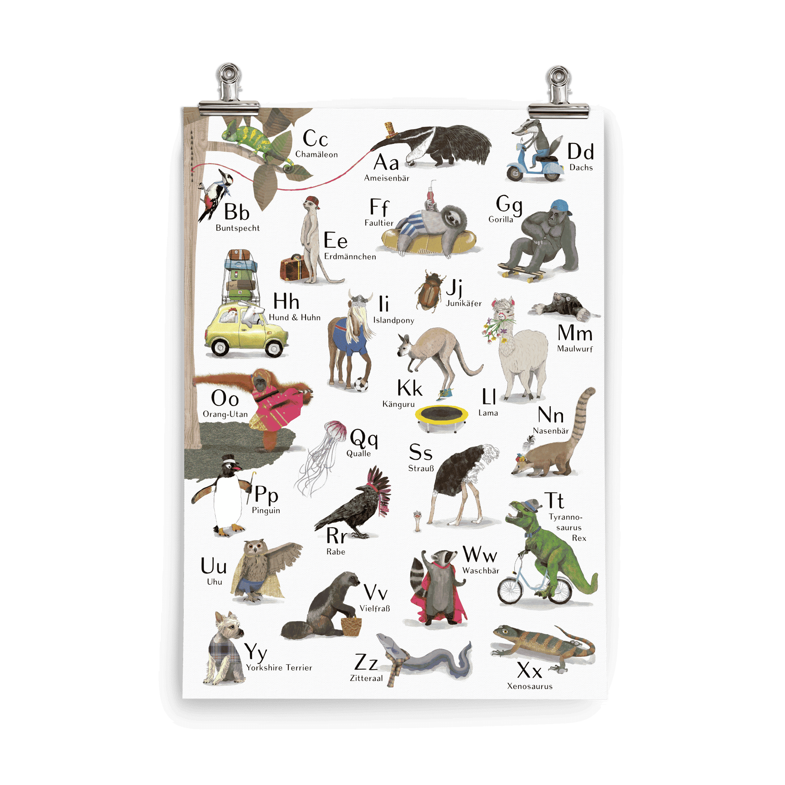 ABC-Poster mit Tieren – 26 handgemalte Tiermotive von A bis Z, fürs Kinderzimmer