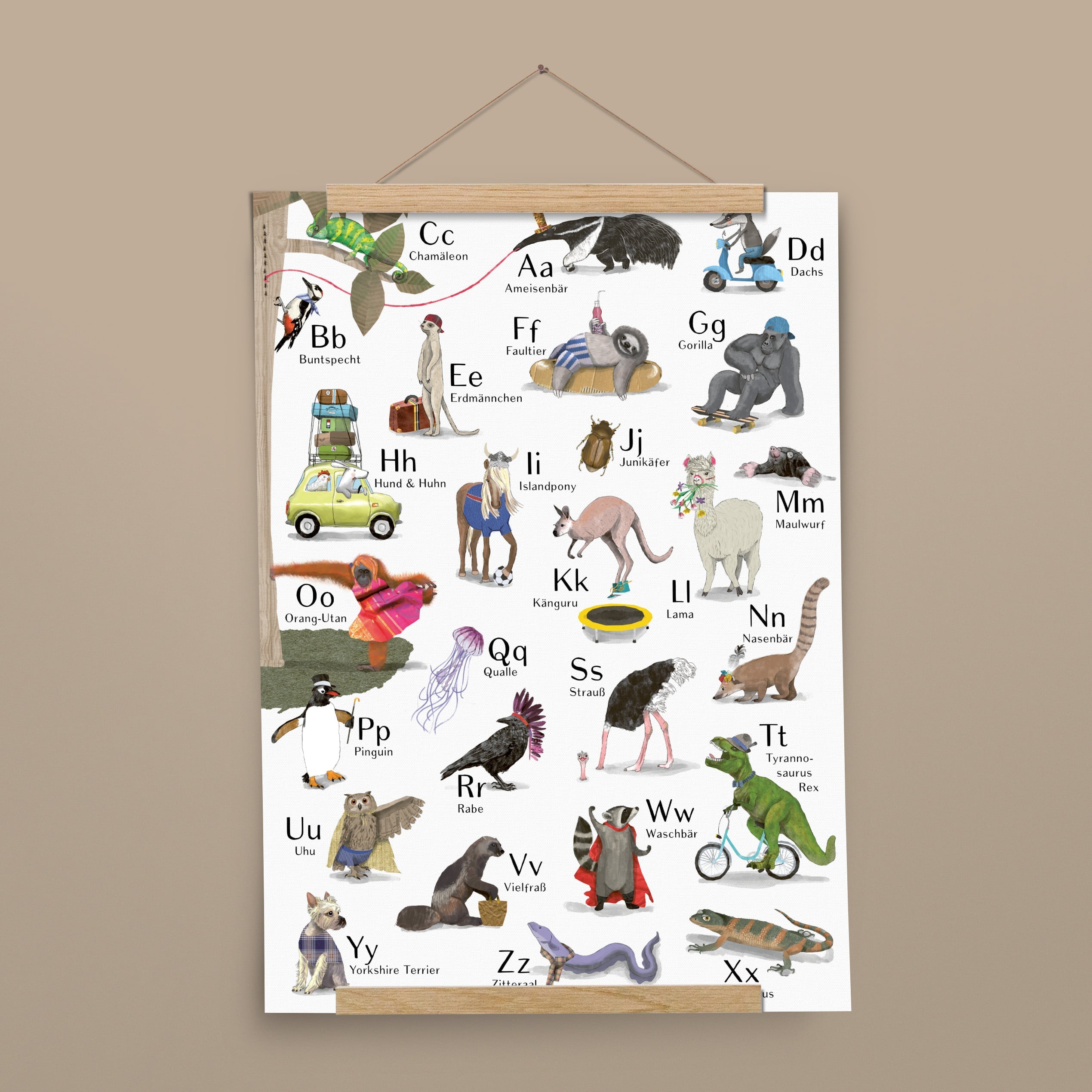 ABC-Poster mit Tieren mit Posterleiste aus Eichenholz, handgemalt auf Naturpapier