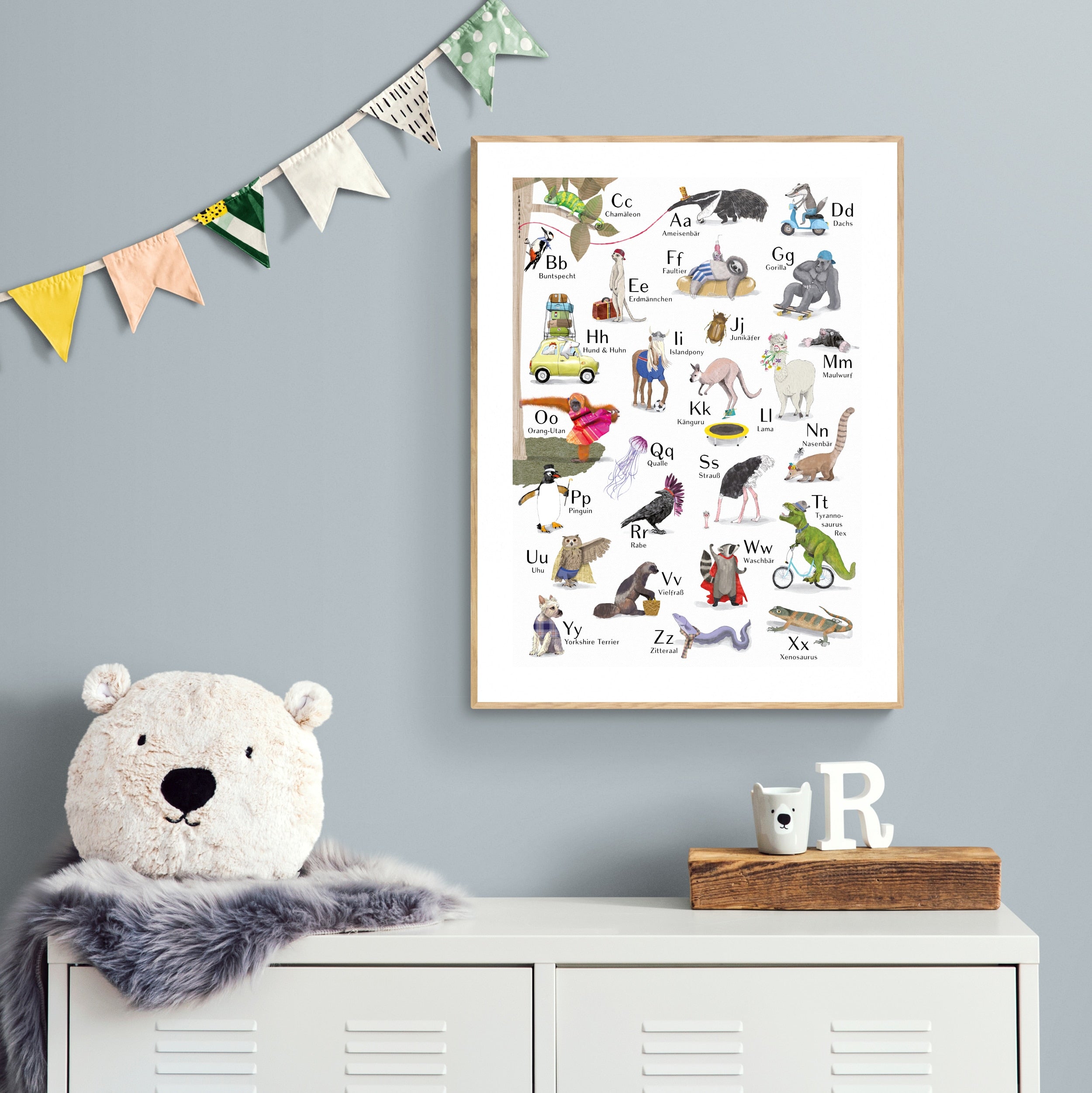 ABC-Poster Kinderzimmer – Buchstaben lernen mit Tier-Motiven, handgemaltes Wandposter A2