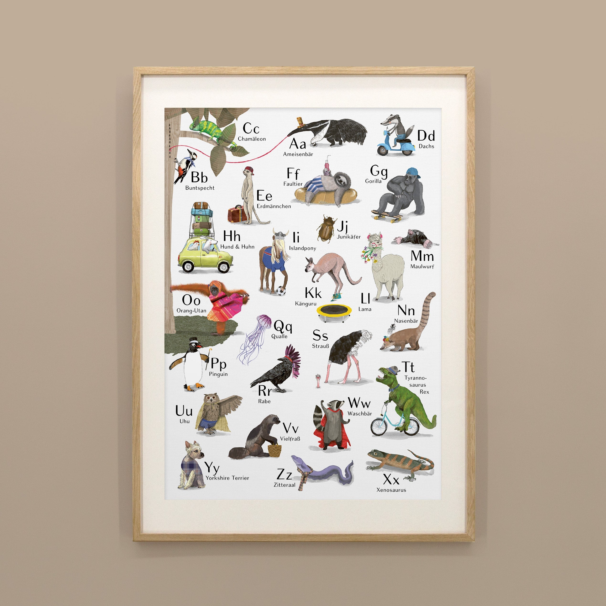 ABC-Poster mit Tieren im Holzrahmen, handgemaltes Wandbild fürs Kinderzimmer
