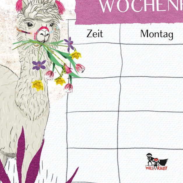 Stundenplan Lama – Detailansicht des handgemalten Wochenplaners
