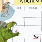 Stundenplan T-Rex – Detailansicht des handgemalten Wochenplaners