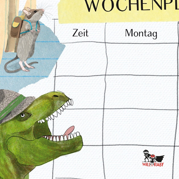 Stundenplan T-Rex – Detailansicht des handgemalten Wochenplaners