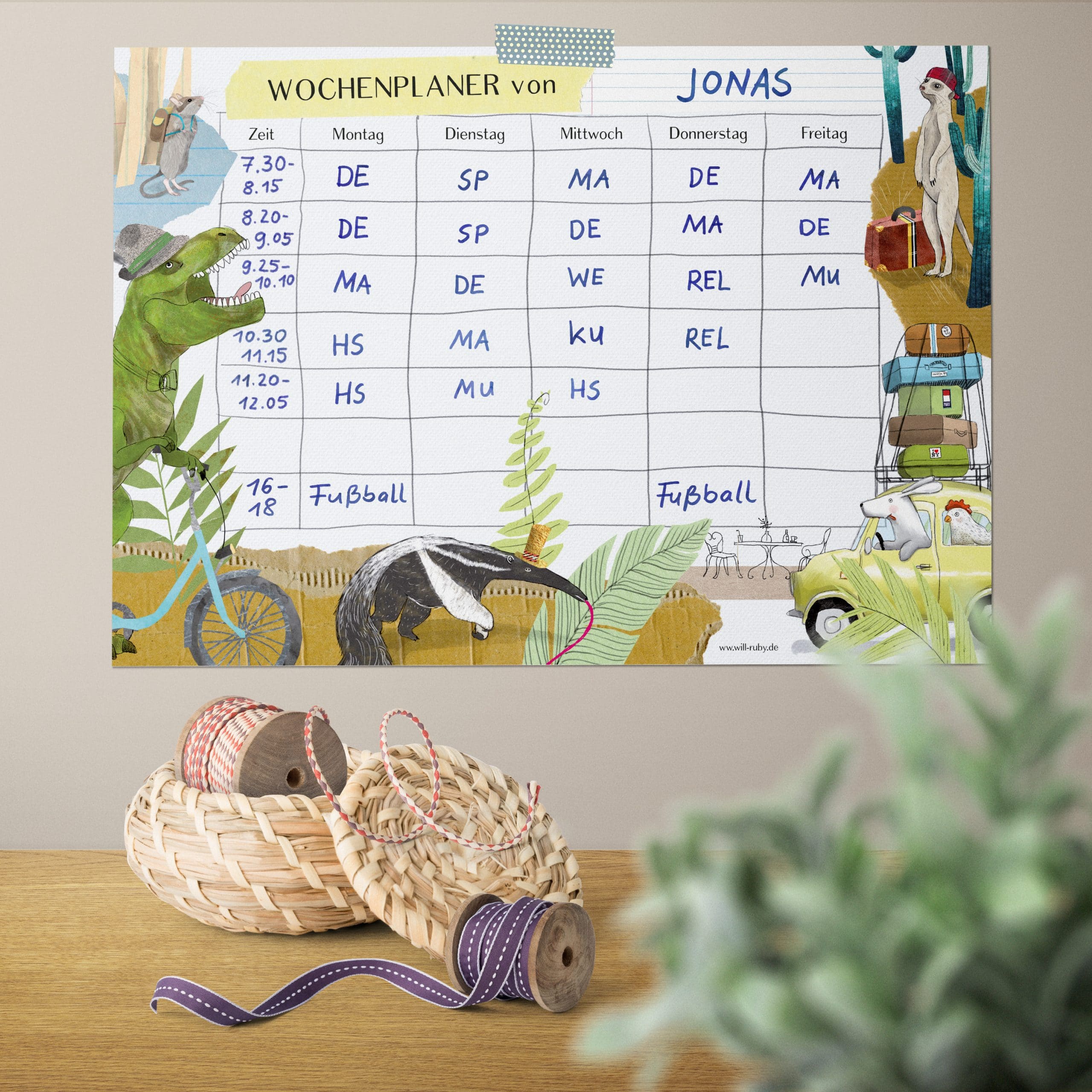 Stundenplan T-Rex – handgemalter Wochenplaner Montag bis Freitag