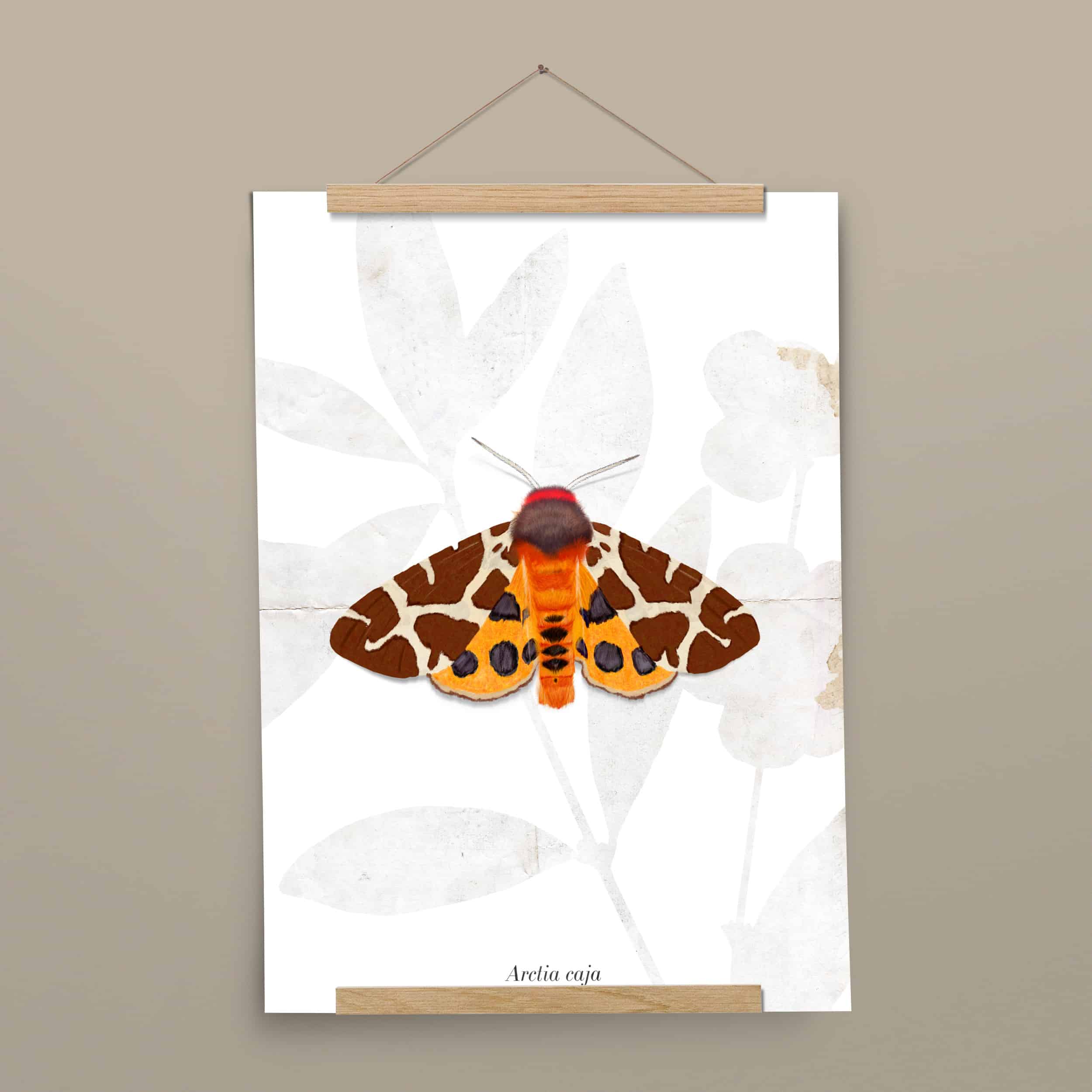 Insektenposter Brauner Bär mit Posterleiste aus Eichenholz, handgemalt auf Naturpapier