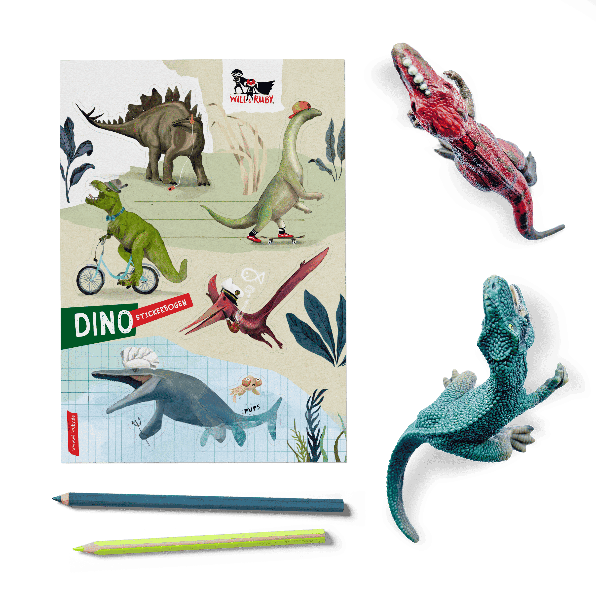 Stickerbogen Dinos – 5 handgemalte Dinosaurier-Sticker mit T-Rex, Brontosaurus, Stegosaurus, Pteranodon und Mosasaurus