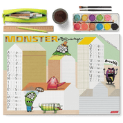 Schreibtischunterlage Monster für Kinder – Kritzelunterlage mit ABC-Schreibübungen, handgemalt